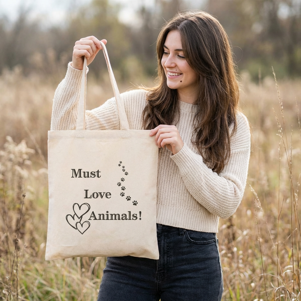 Natural canvas tote bag held up with "Must Love Animals!" paw print hearts graphic