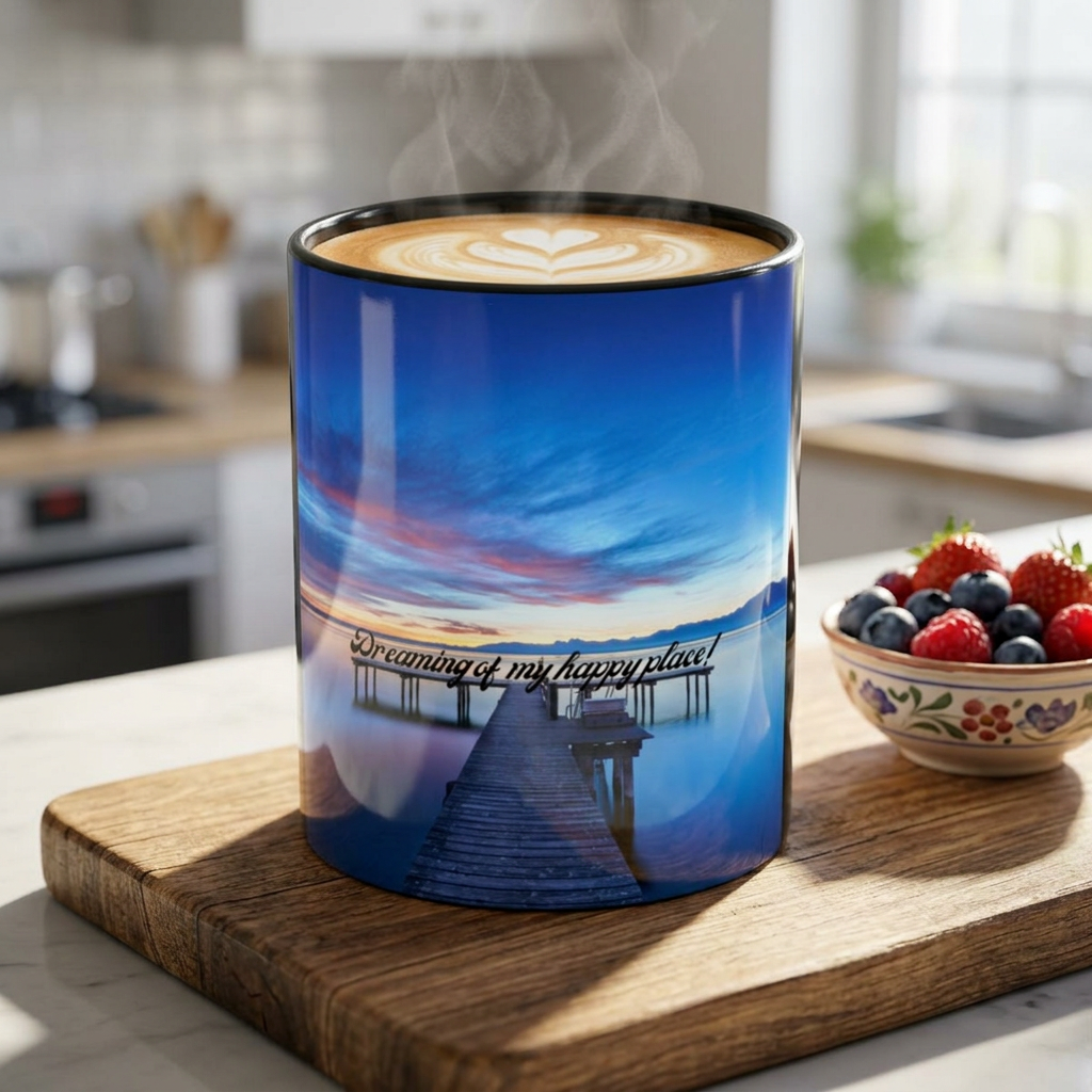 Blue scenic coffee mug with dock illustration and 'Dreaming of my happy place' text