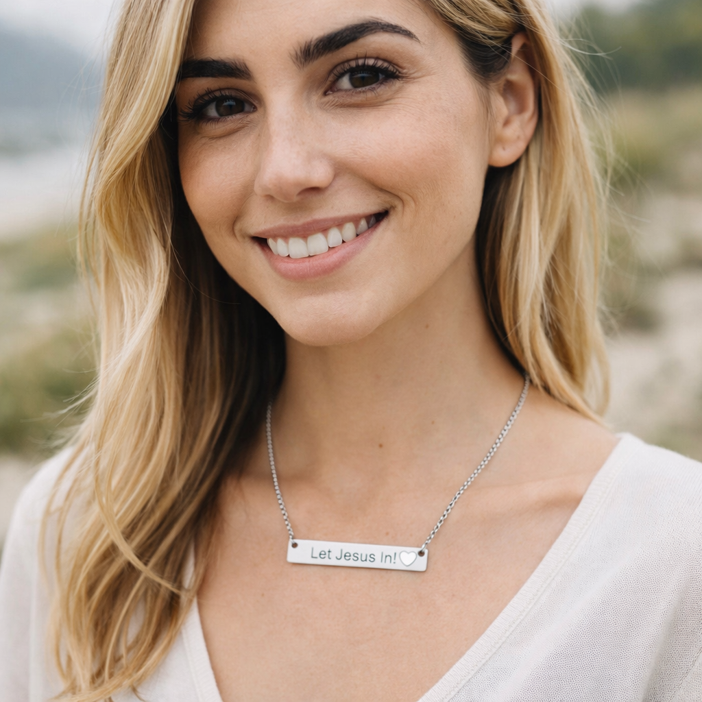Stainless steel bar necklace with engraved text and small heart cutout pendant