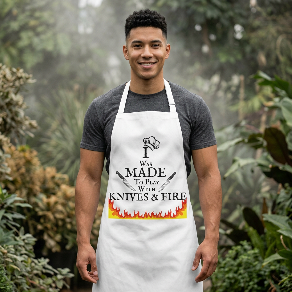 White chef apron with front pocket and bold 'Knives & Fire' graphic
