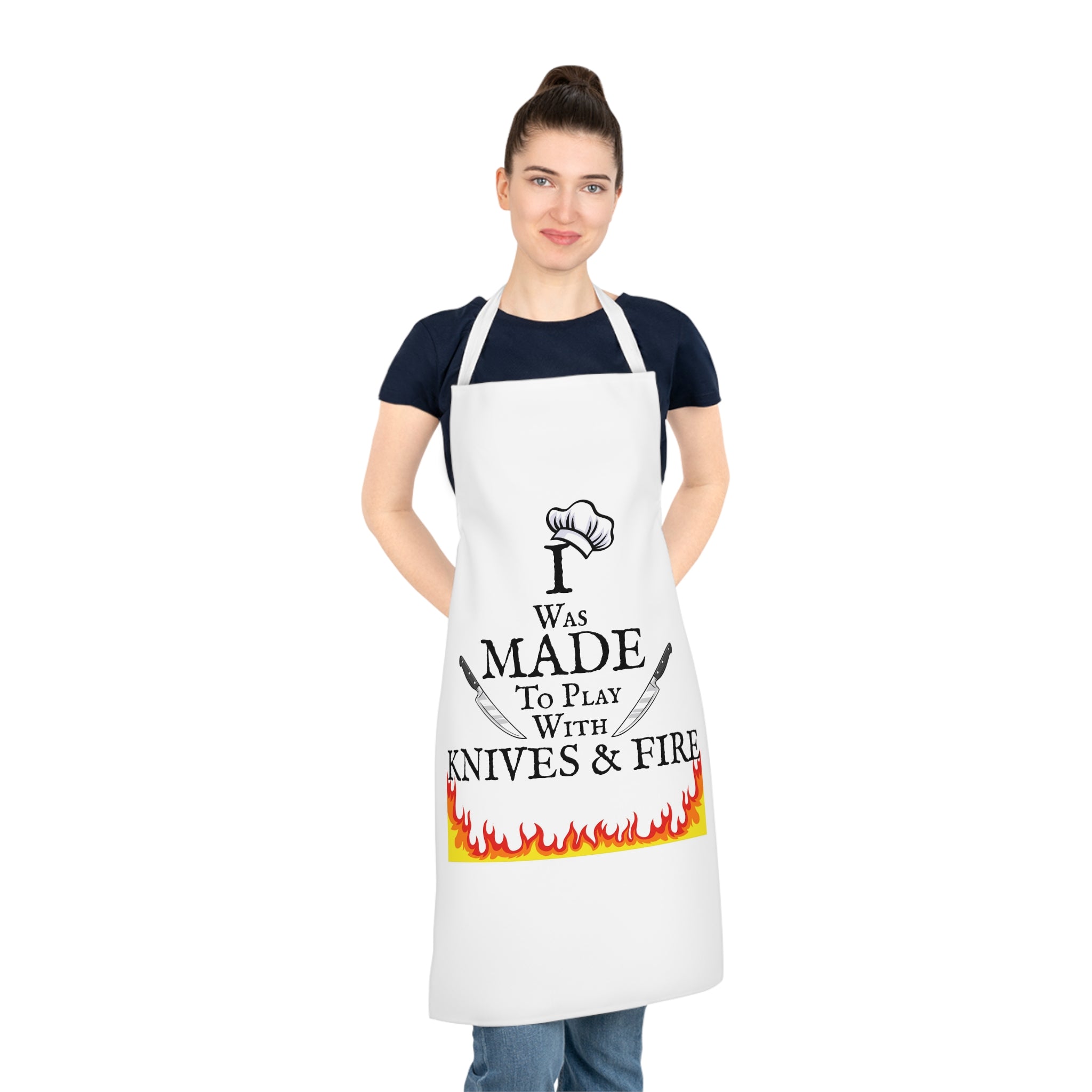 White chef apron on model with flame 'Knives & Fire' graphic and neck straps