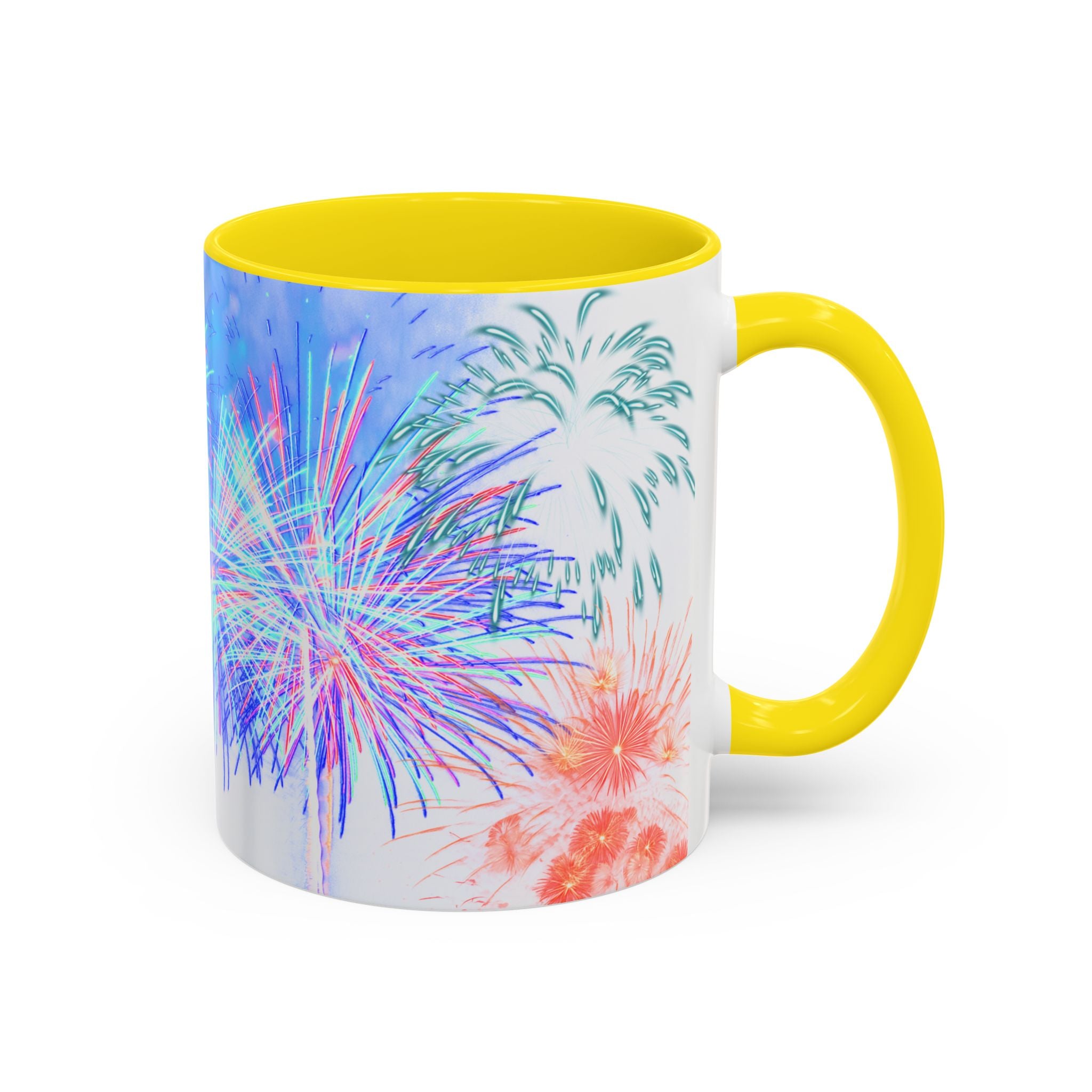 Ceramic coffee mug with yellow rim and handle; white body with colorful fireworks print.