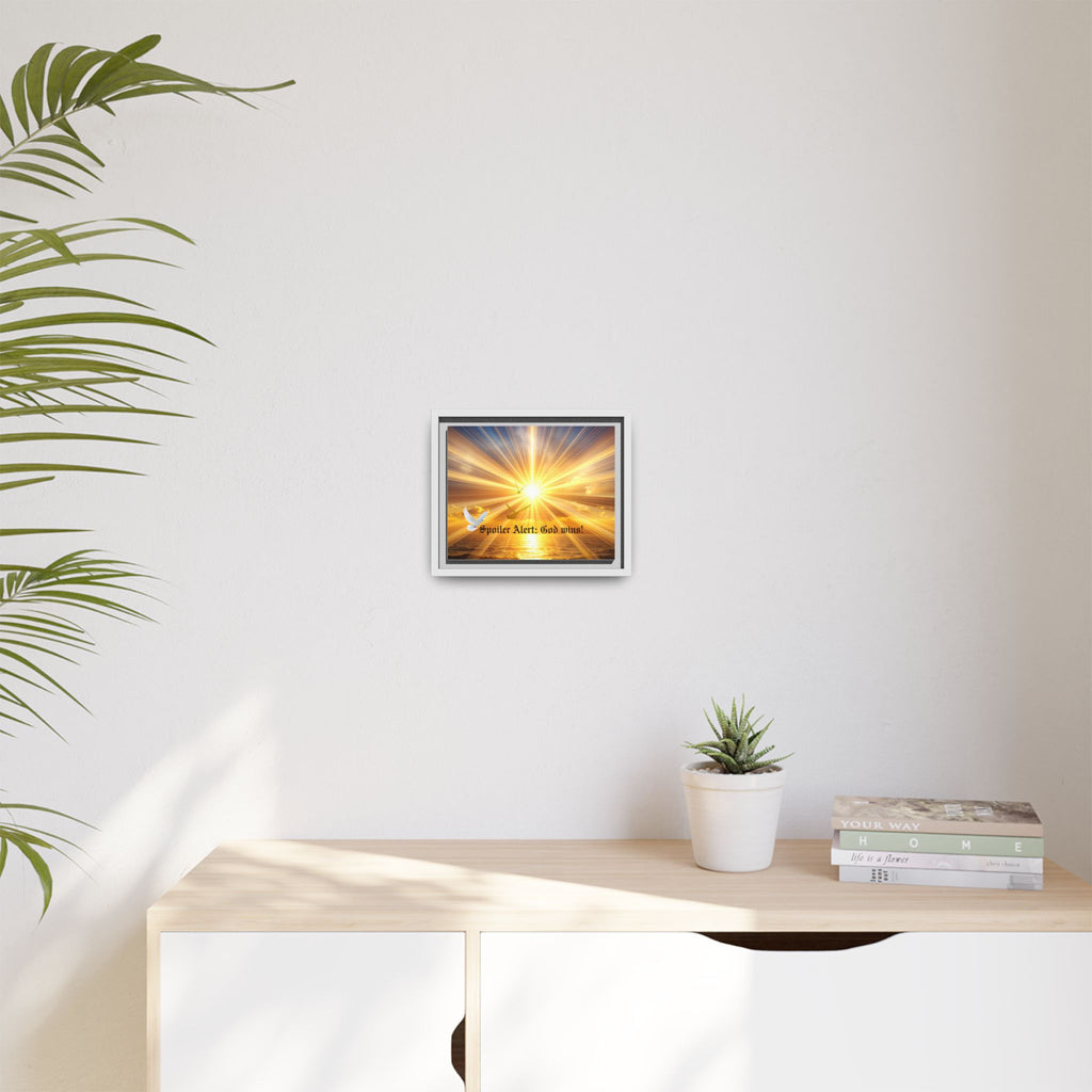 Framed matte canvas wall art with sunrise light rays and bright center; black frame