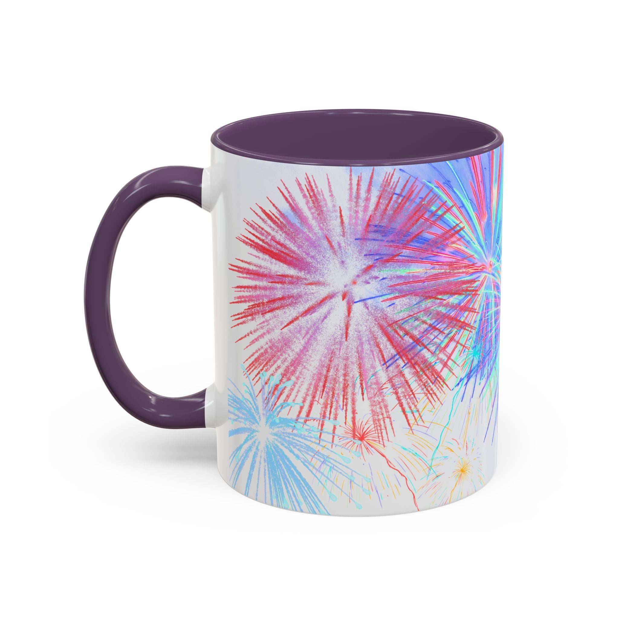 Purple ceramic coffee mug with colorful fireworks burst print and matching purple handle