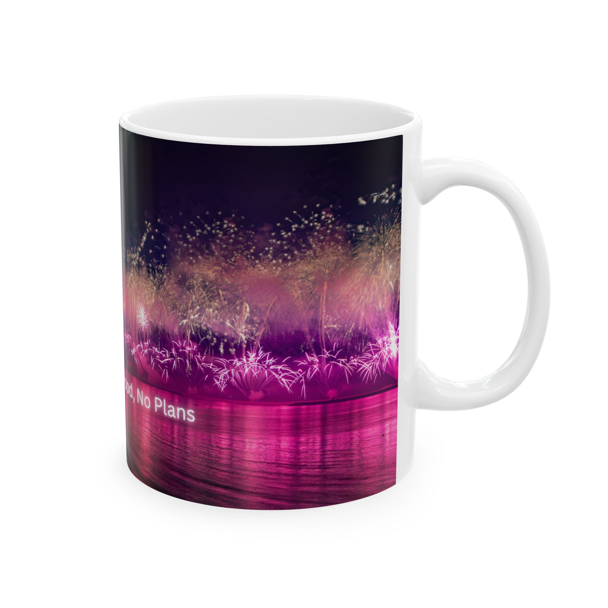 Ceramic mug with neon nightscape fireworks, “No Plans” text, and white handle