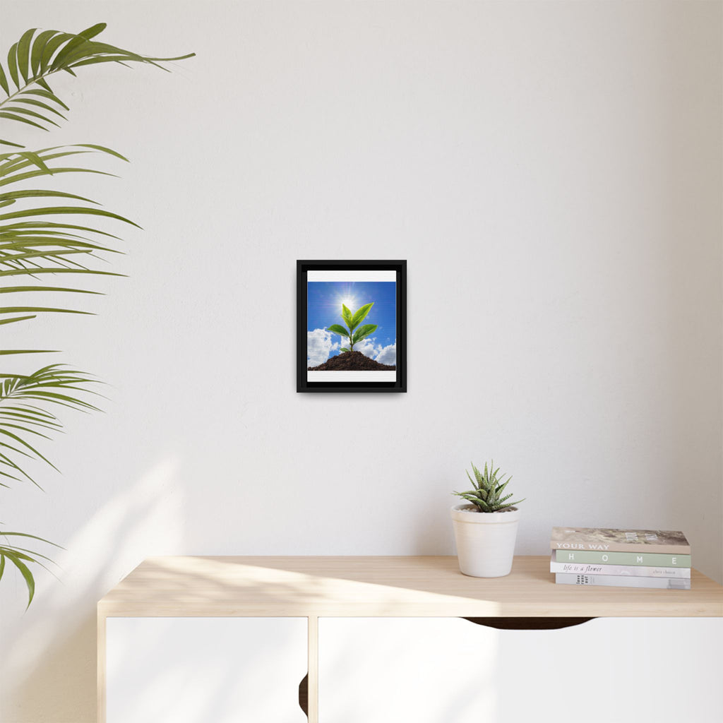 Small framed sprouting plant wall art on white wall, green leaves with black frame