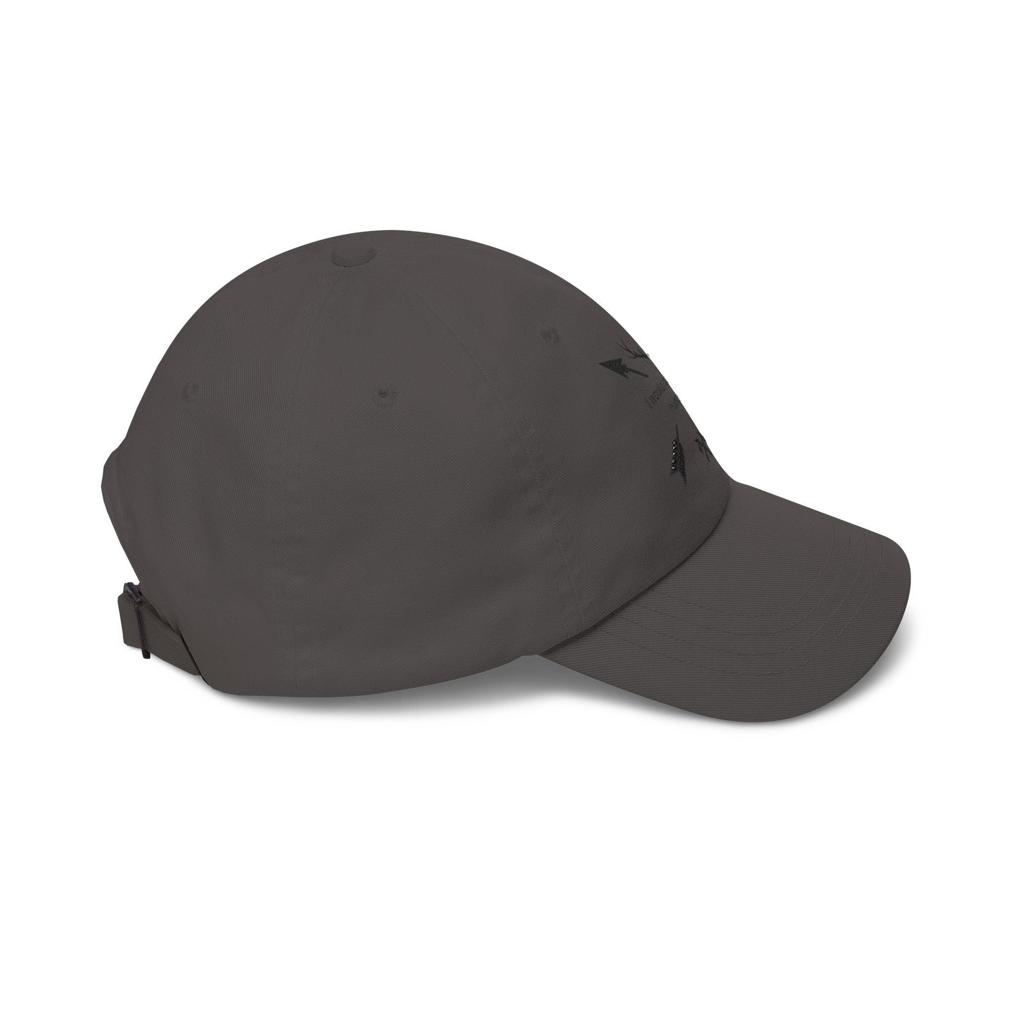 Dark grey dad cap with small arrow graphic on side panel