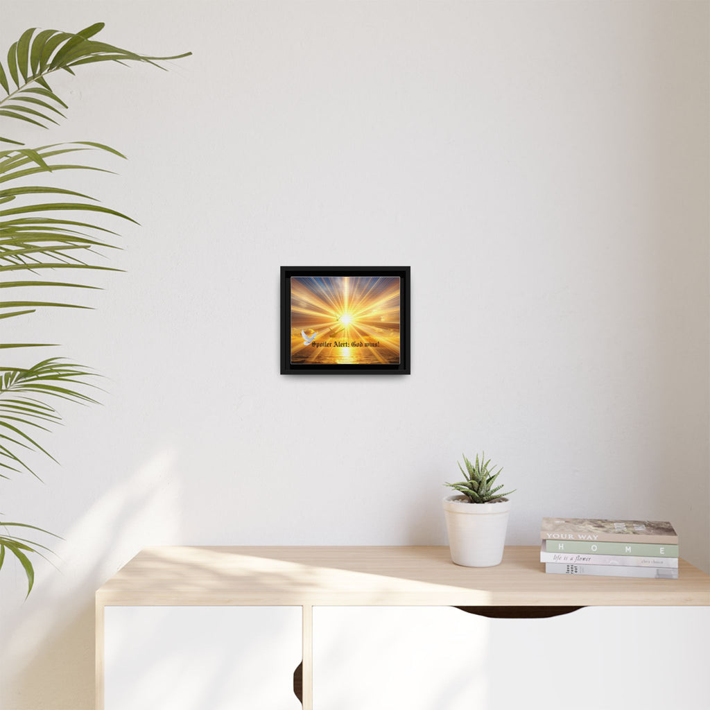 Framed matte canvas wall art with sunrise light rays and reflective water; black frame