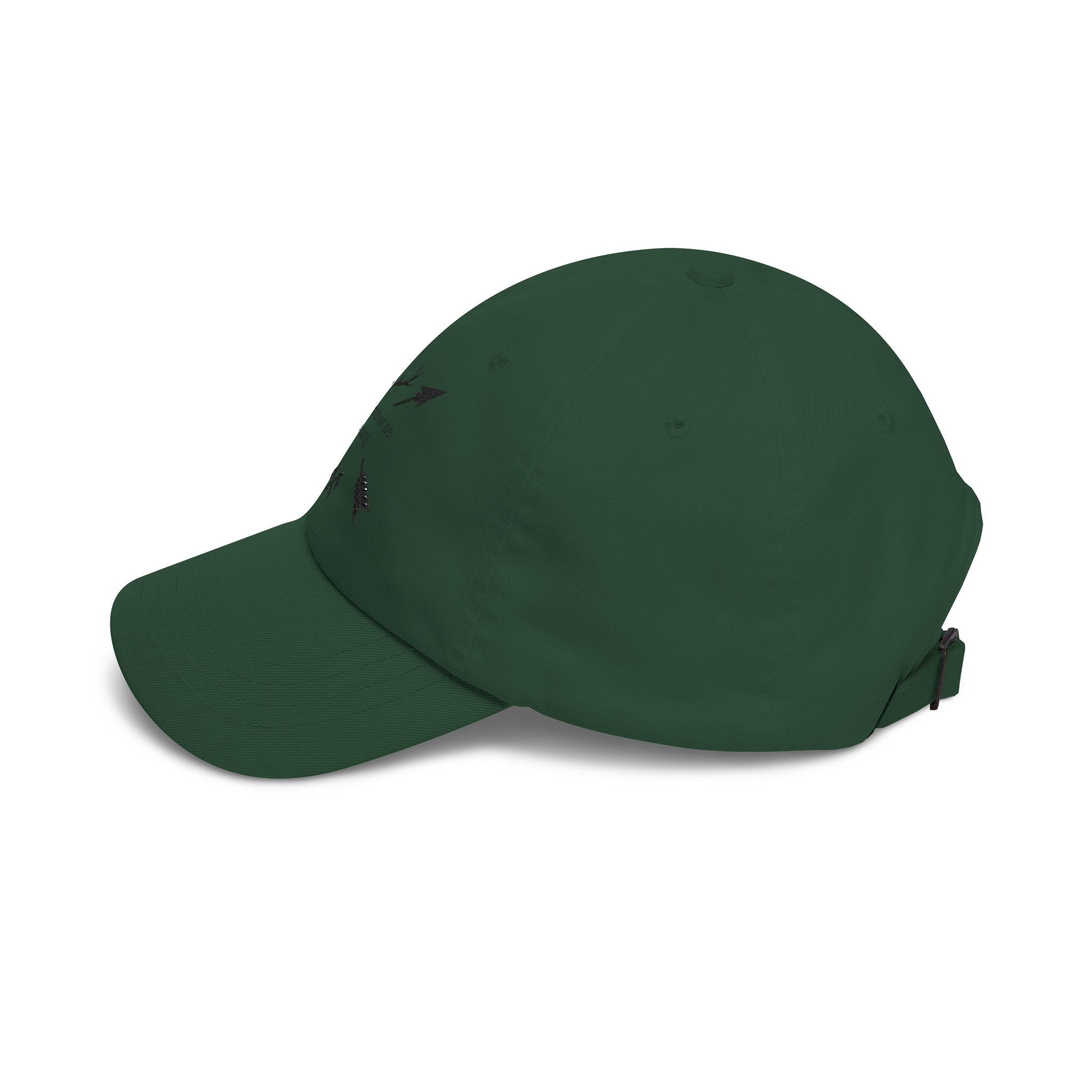Dark green dad cap with black arrow graphic on crown, side view
