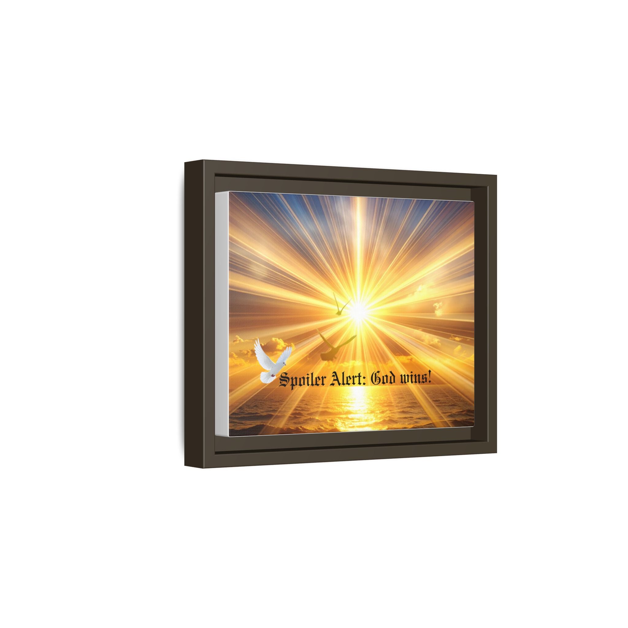 Framed matte canvas wall art with sunrise light rays over water; dark brown frame