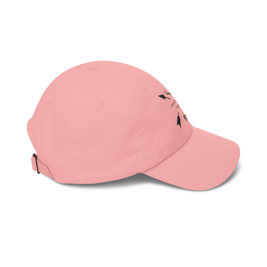 Pink dad cap with curved brim and small side arrow graphic