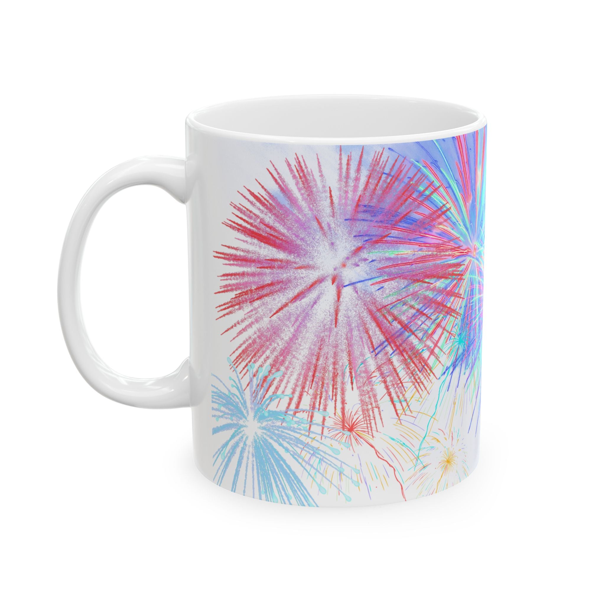 White ceramic mug with side handle and multicolor pastel fireworks bursts