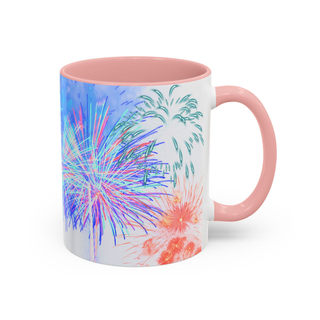 Ceramic coffee mug with pink handle, fireworks print, white body, pink interior
