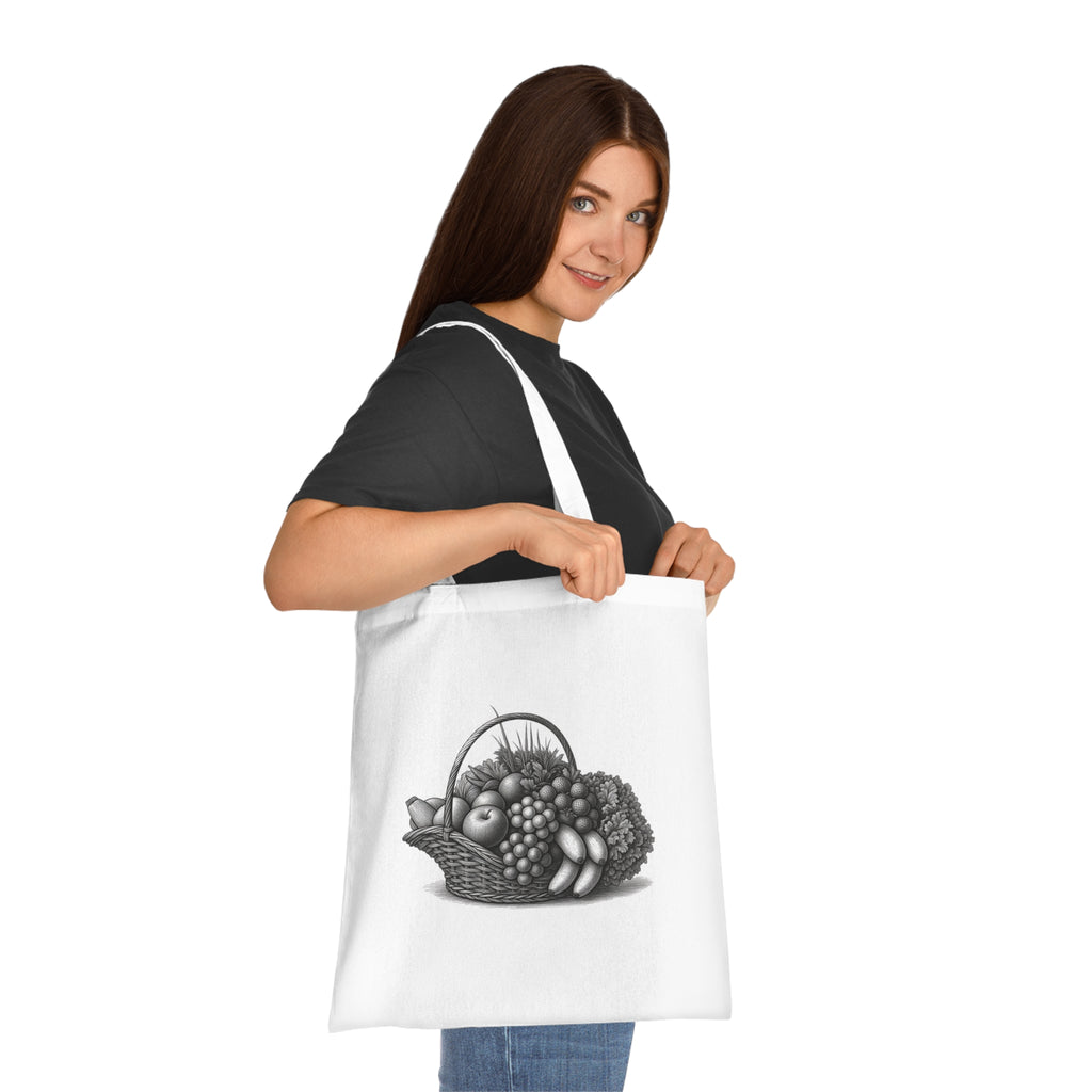 White cotton tote bag held by model, fruit basket graphic on front