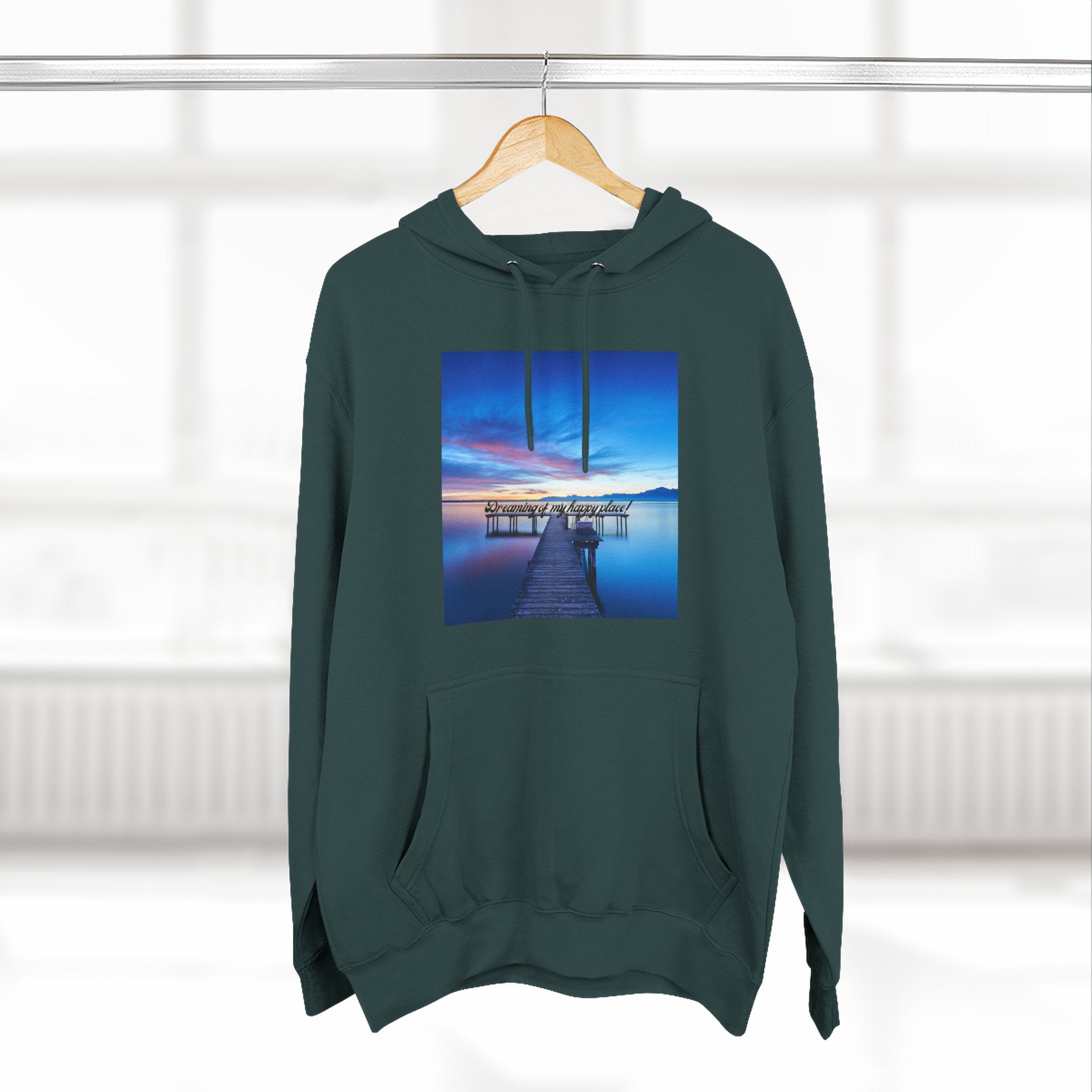 Dark green pullover hoodie with hood, drawstring, front pocket and centered lake print