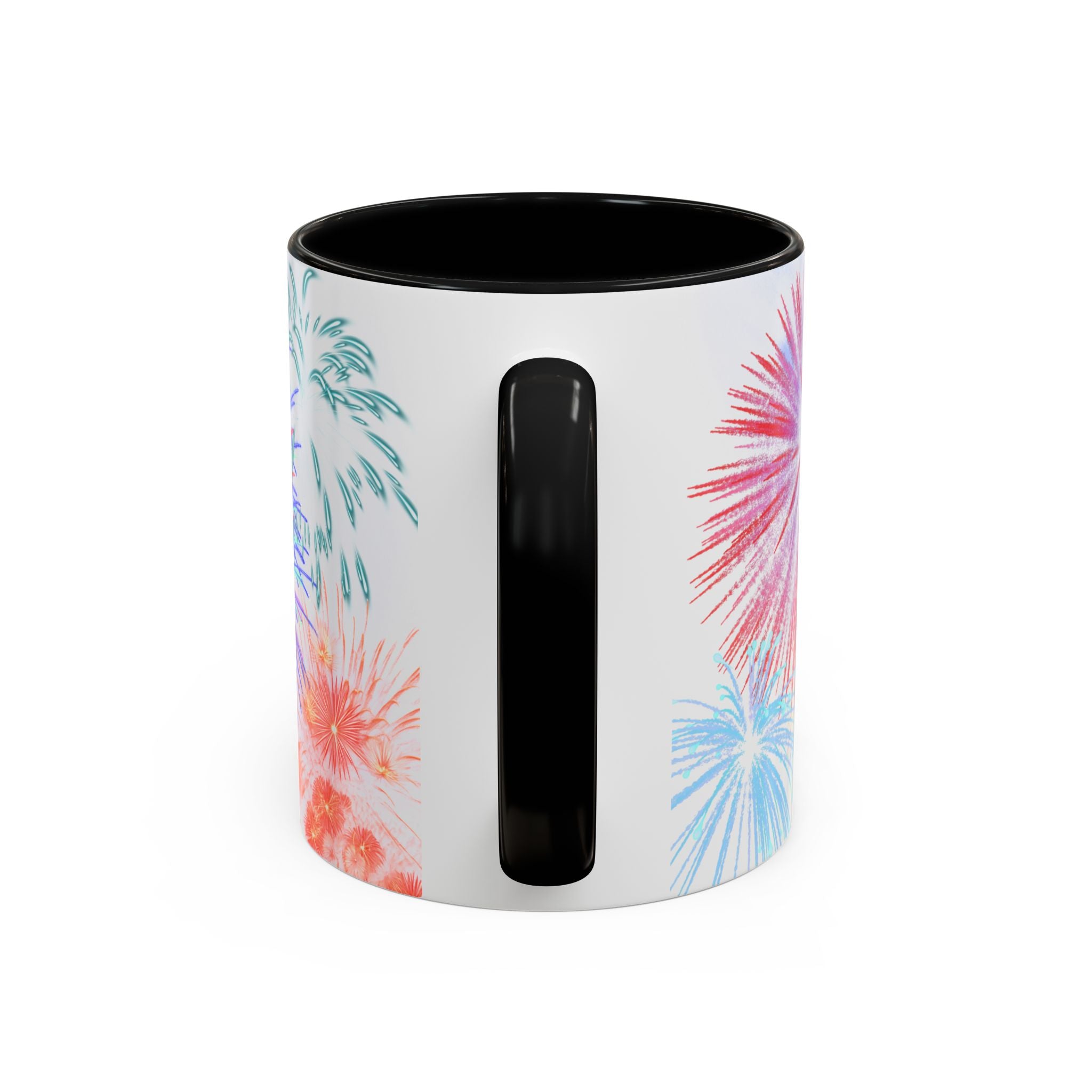 Ceramic coffee mug with black handle, fireworks print, white body, black interior
