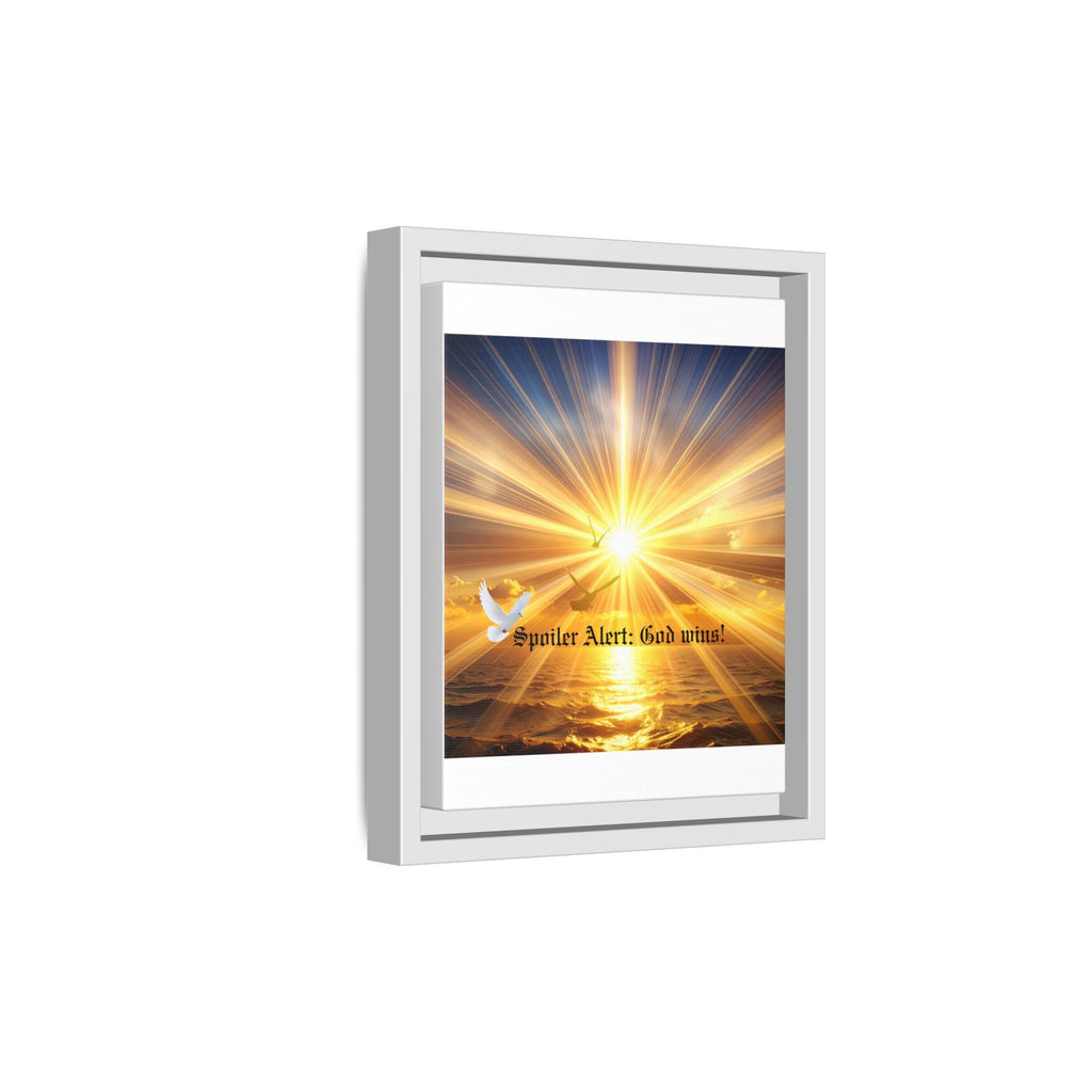 Framed matte canvas wall art with sunrise rays, dove, and "Spoiler Alert: God wins!"