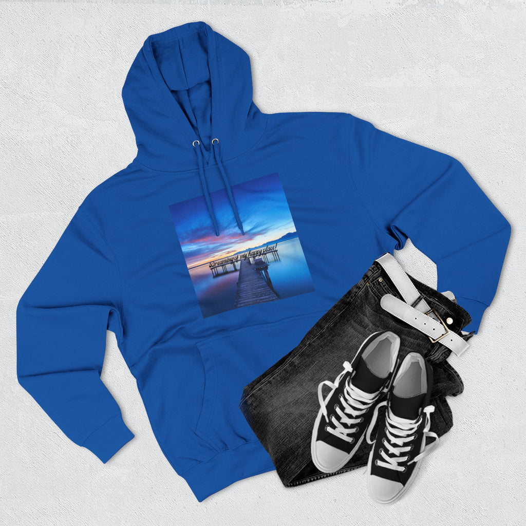 Royal blue pullover hoodie with hood, drawstring, front pocket, lake dock graphic