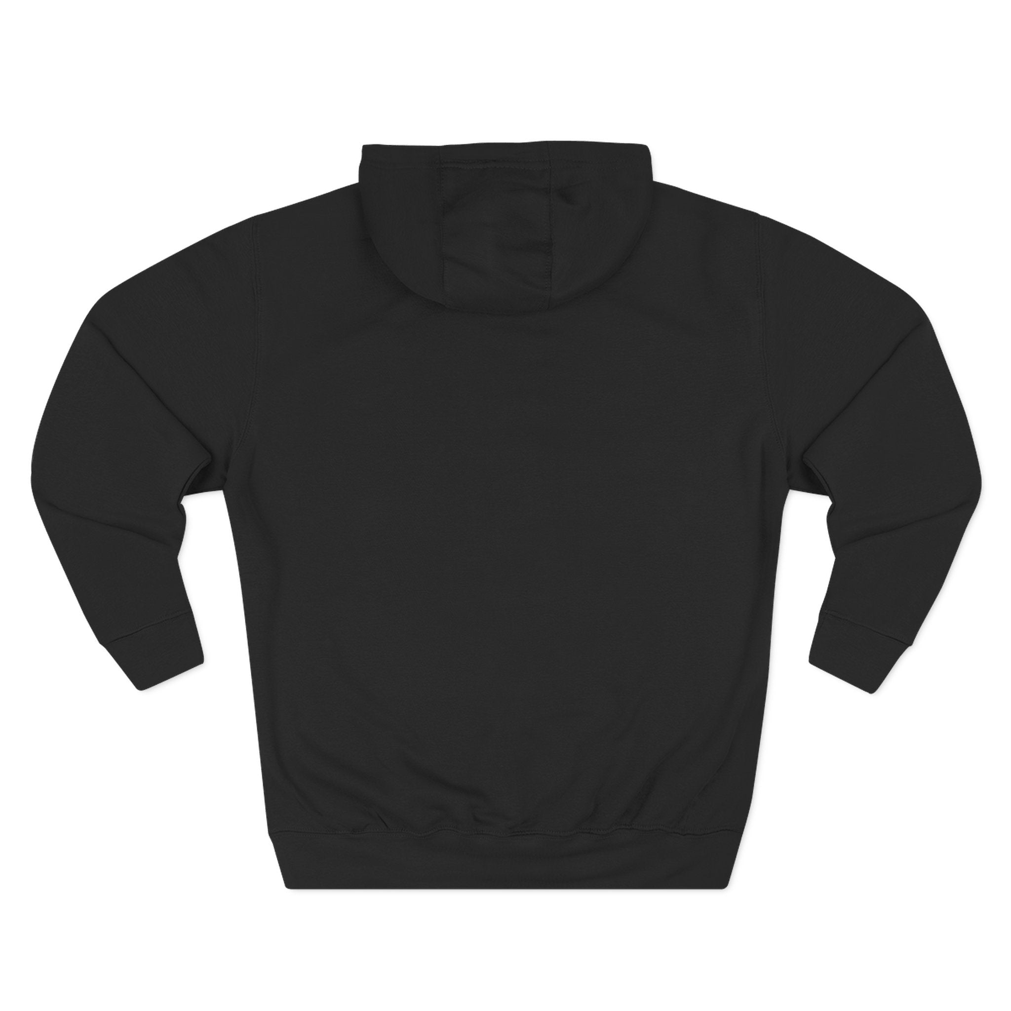 Black hoodie sweatshirt with hood and front pocket, plain back view.