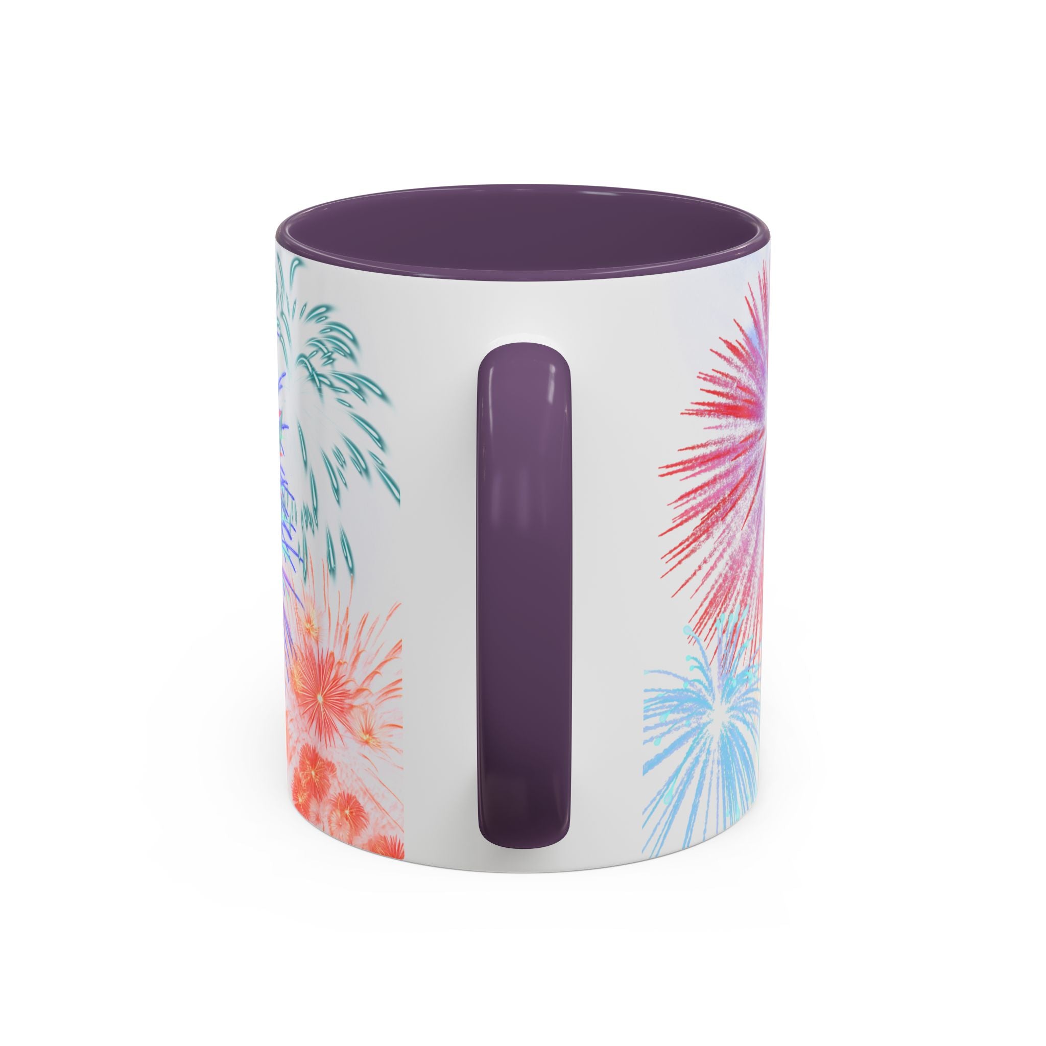 Purple ceramic coffee mug with colorful fireworks print and molded purple front grip