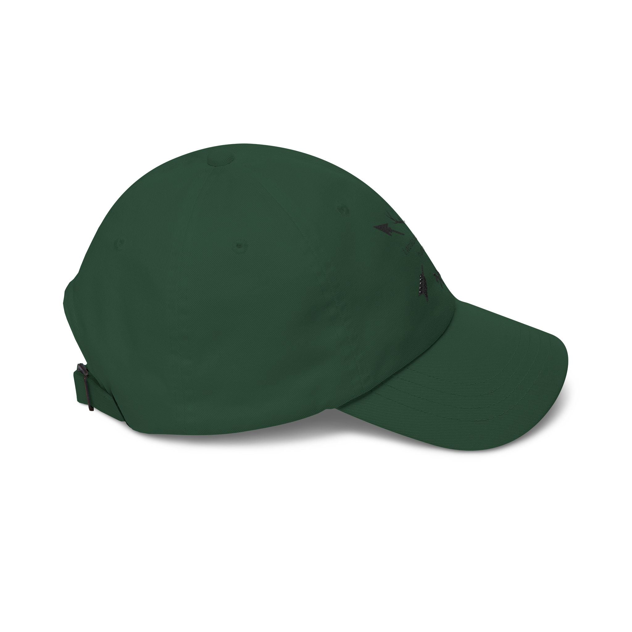 Dark green dad cap with black arrow graphic on front crown, side view