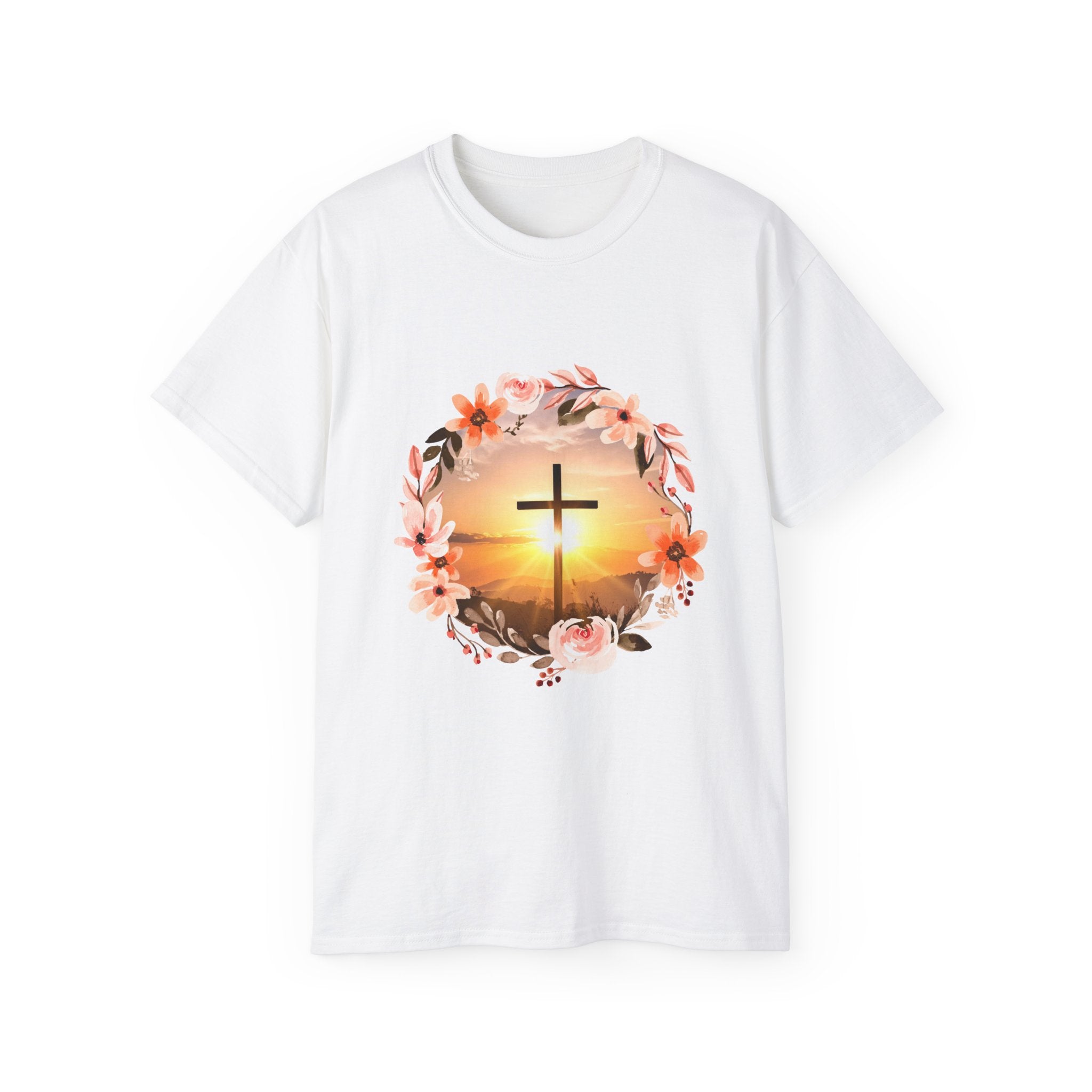 Christian Cross Sunset T-Shirt — Floral Faith Tee