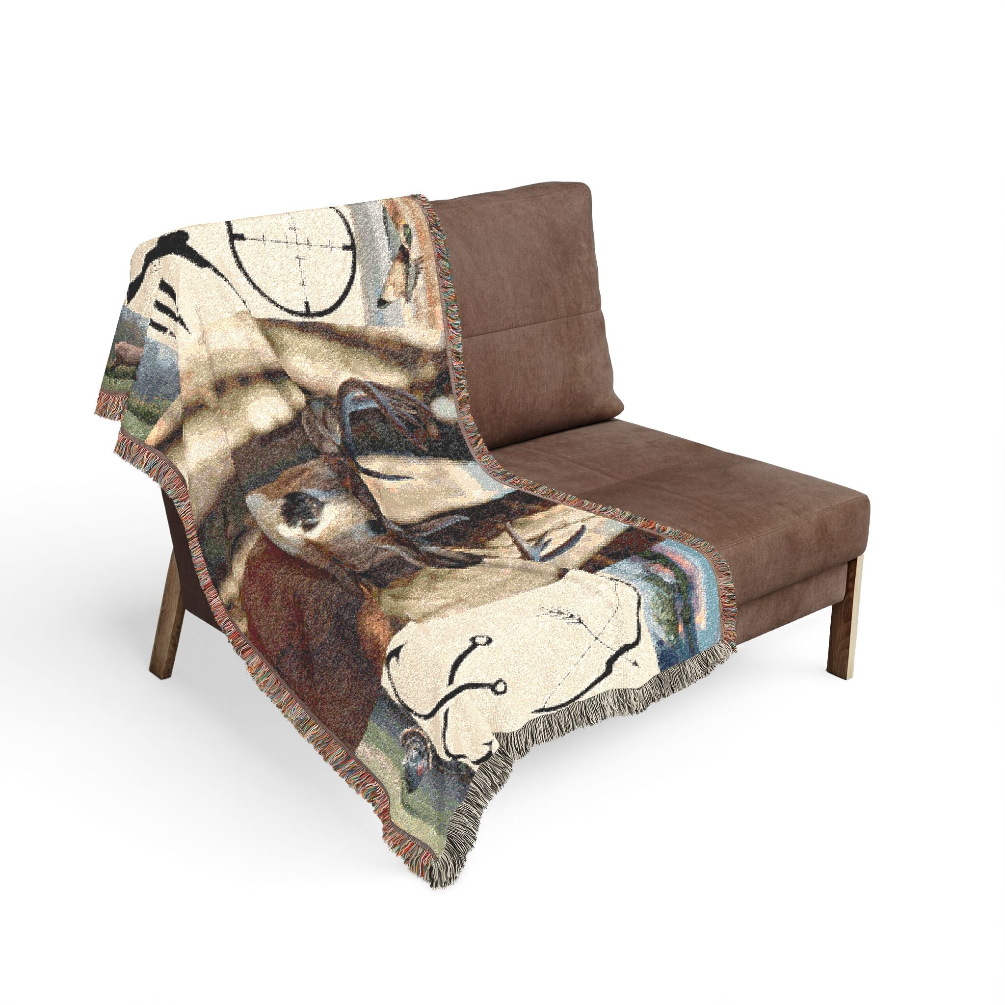 Deer hunting woven blanket draped over seat with buck print and hunting target icons