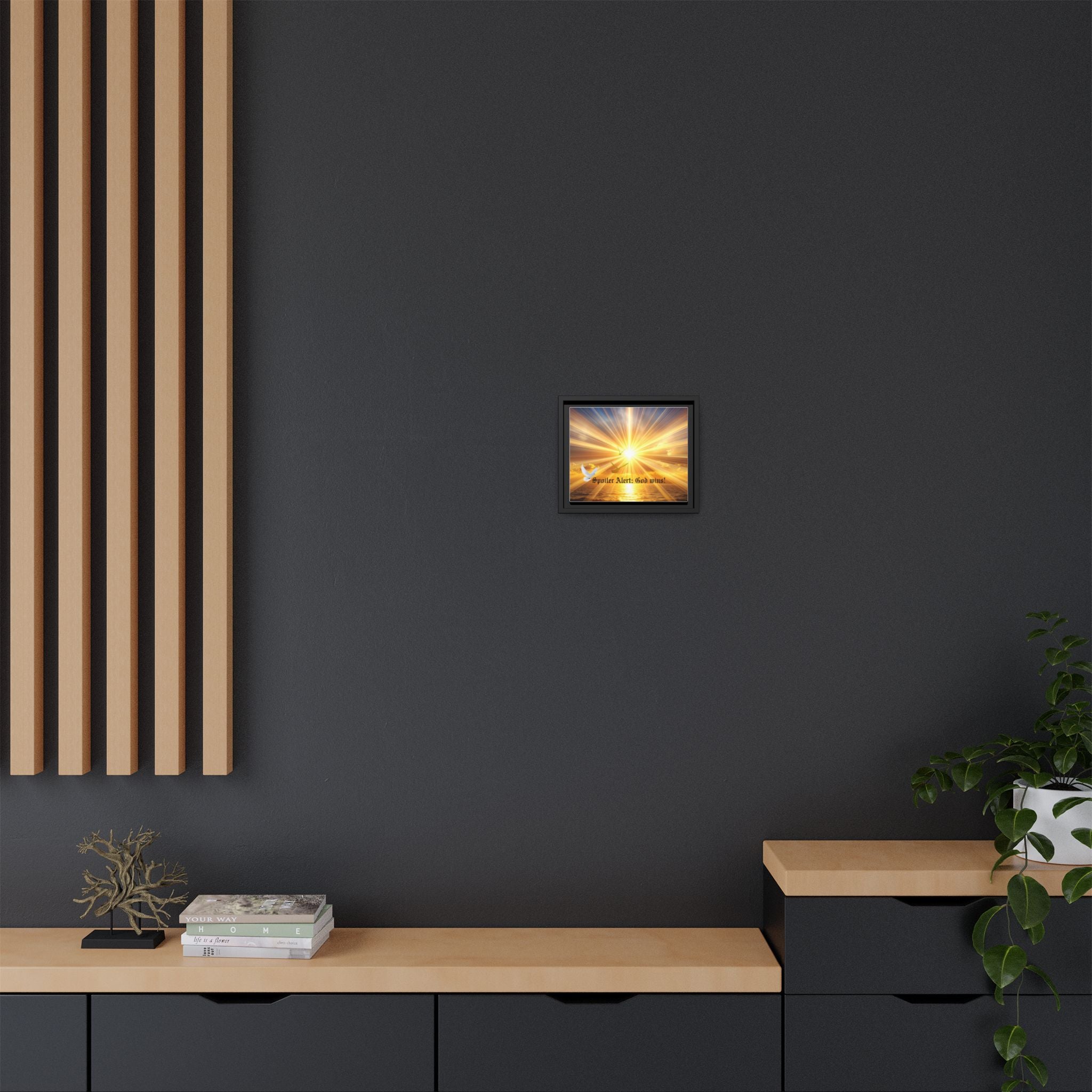 Framed matte canvas wall art featuring a sunrise with glowing rays; black frame