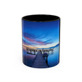 Blue scenic coffee mug with dock bridge artwork and 'Dreaming of my happy place' on front
