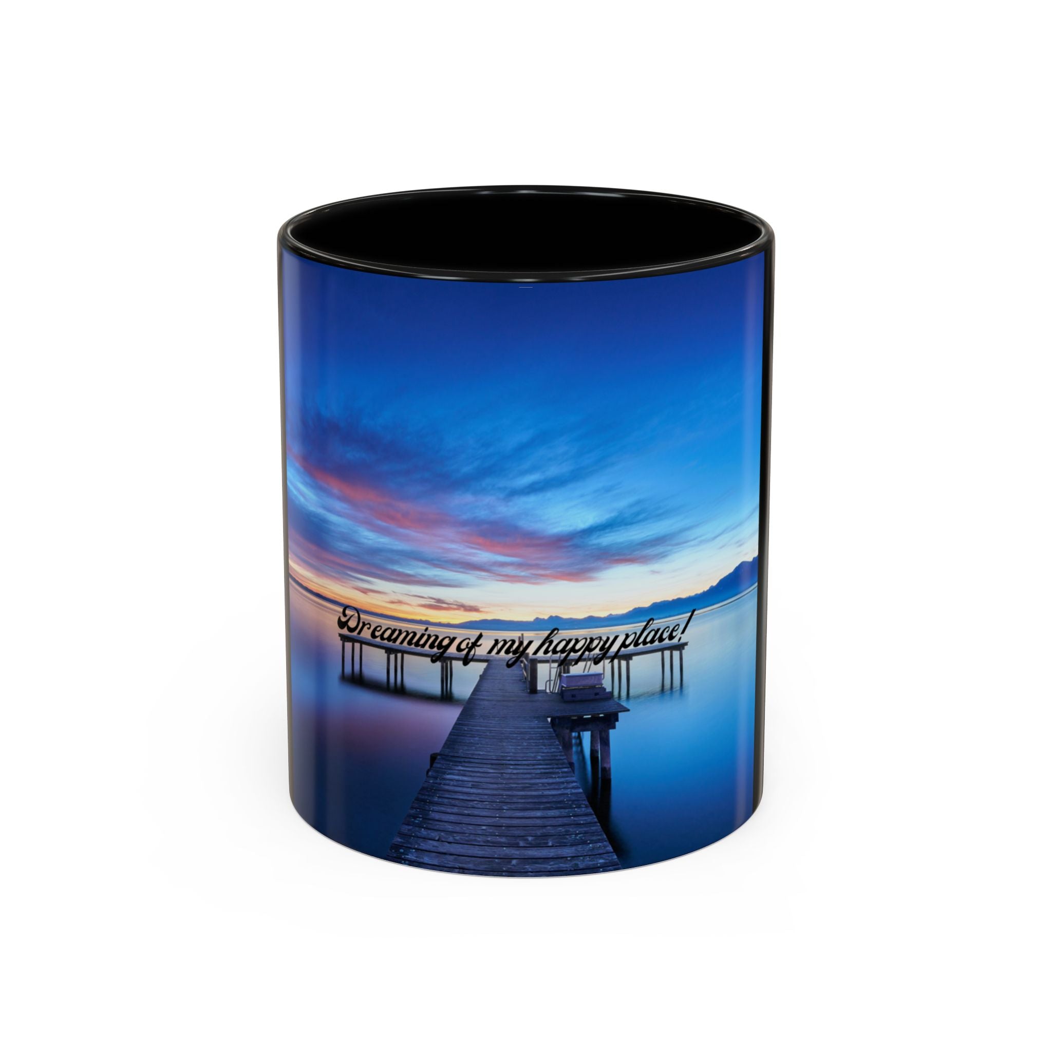 Blue scenic coffee mug with dock bridge artwork and 'Dreaming of my happy place' on front
