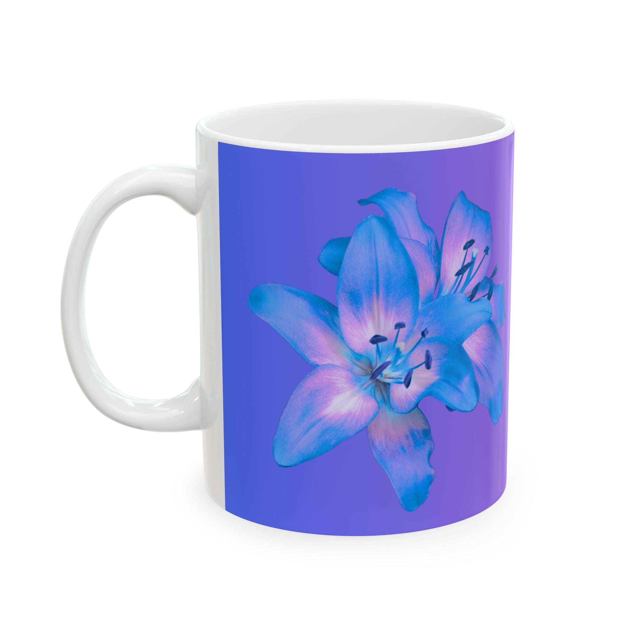 Purple ceramic coffee mug with large blue flower graphic and white handle