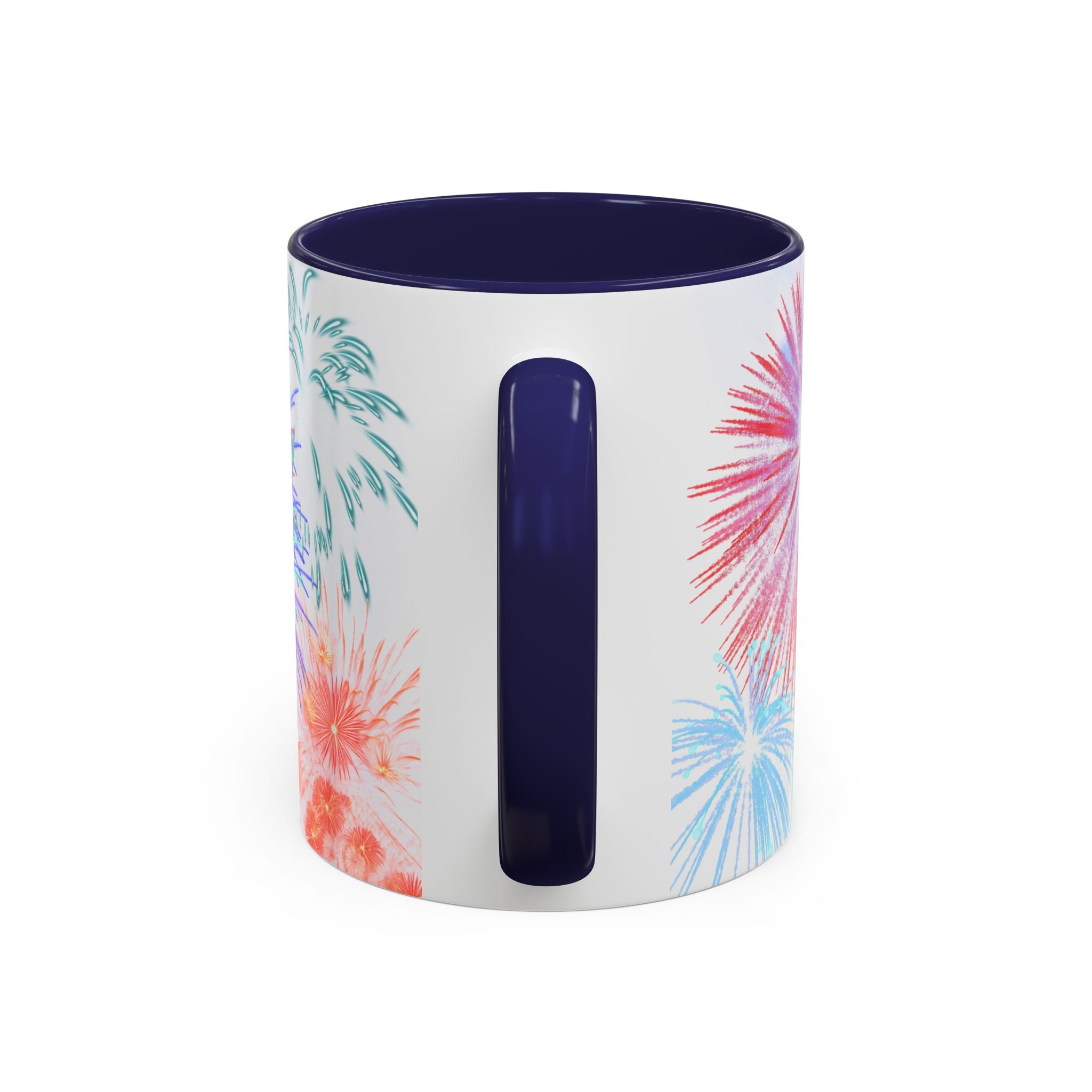 Ceramic coffee mug with dark blue handle, fireworks print on white body, dark blue interior