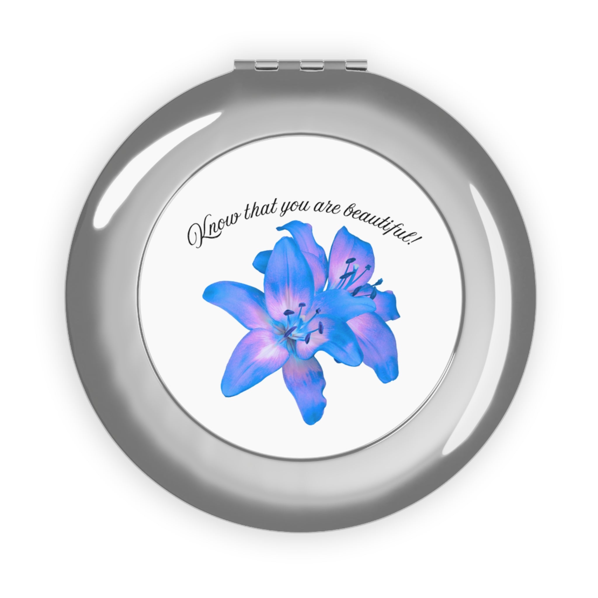Compact mirror, silver glossy round frame with blue floral art and message