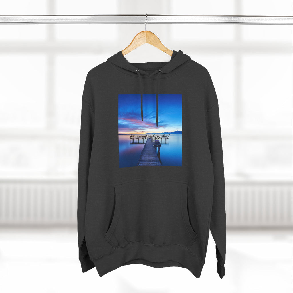 Black pullover hoodie on hanger with front square scenic dock graphic