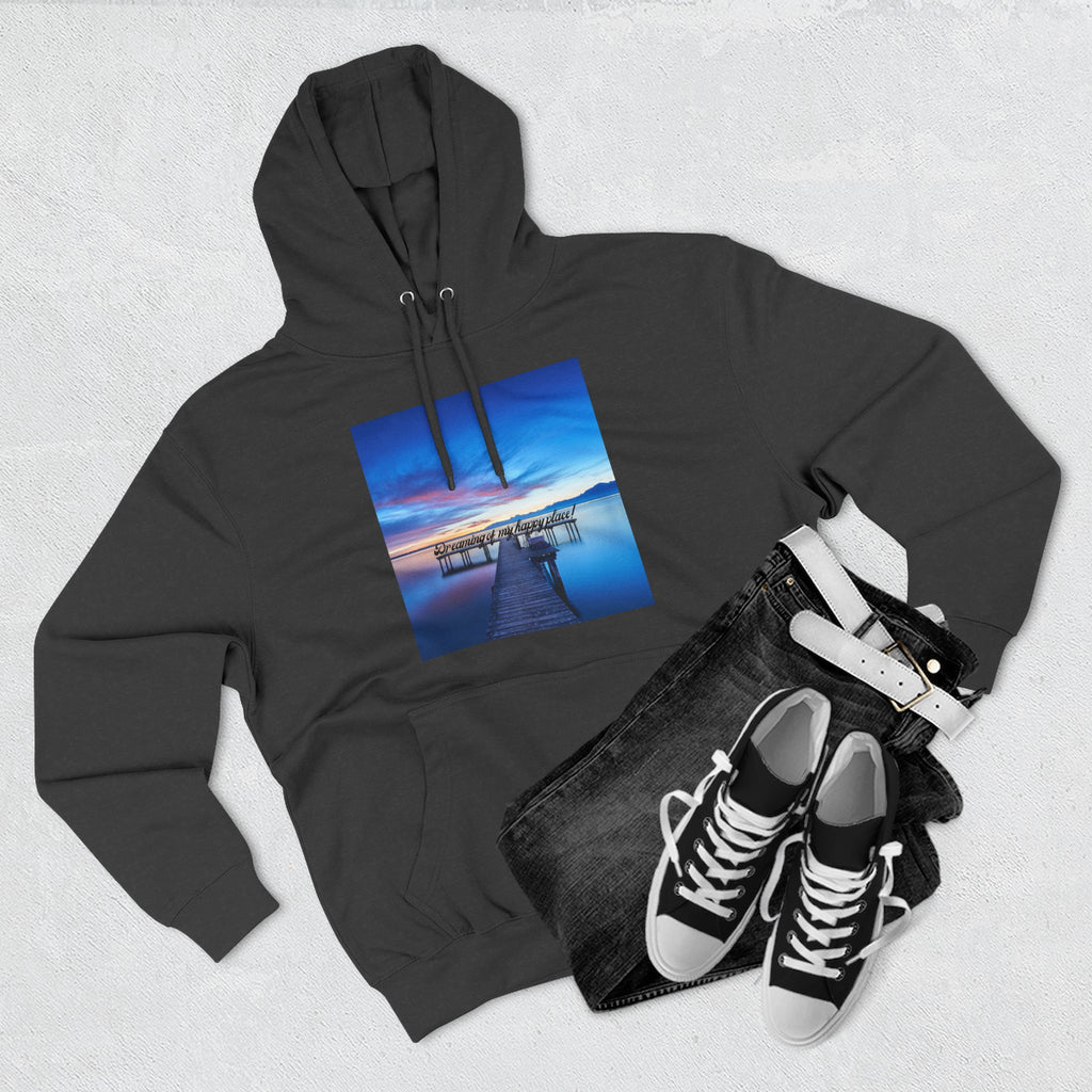 Black pullover hoodie with front square scenic dock graphic and drawstring hood