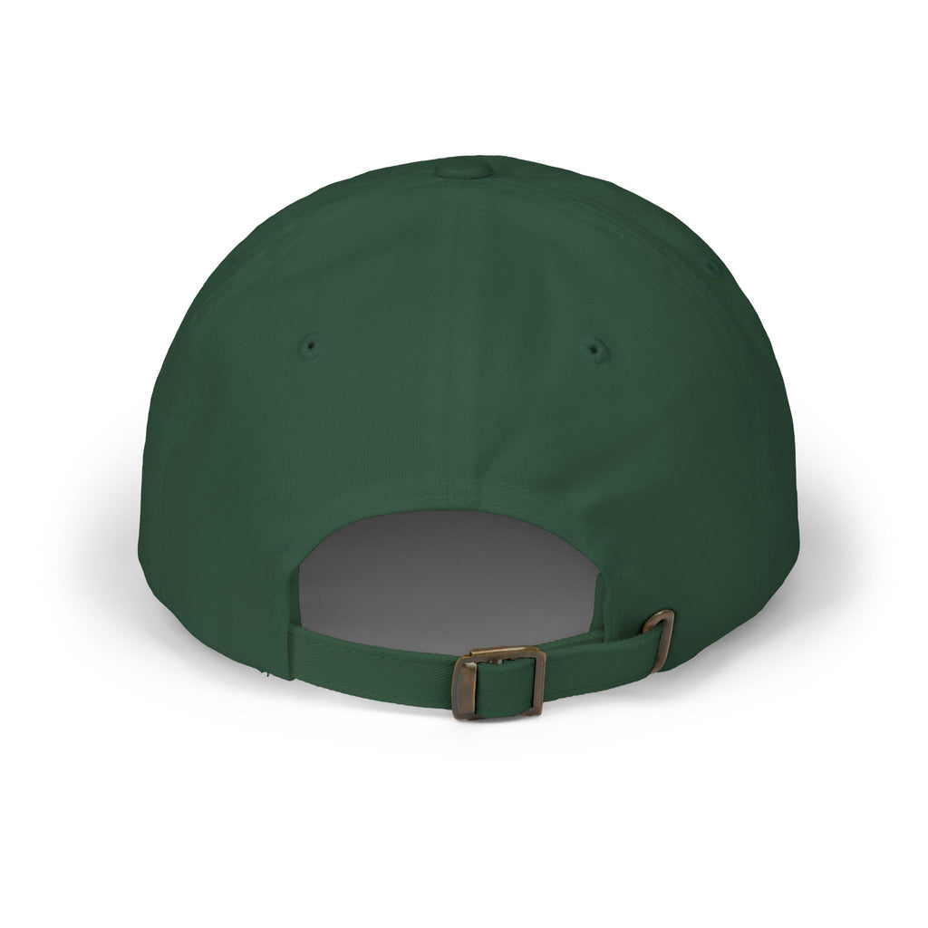 Dark green dad cap with adjustable strap and dark front opening