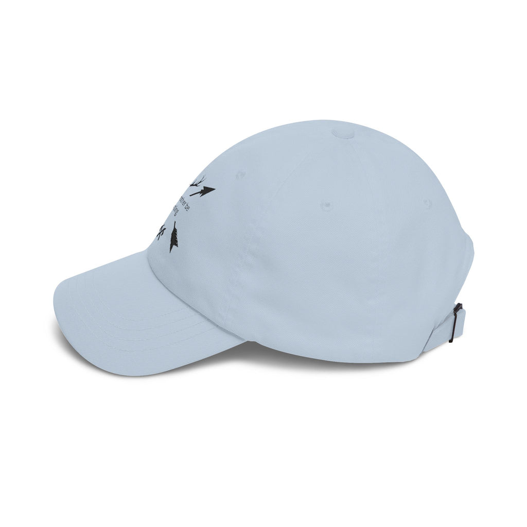 Light blue dad cap side with small arrow graphic and adjustable tie tab