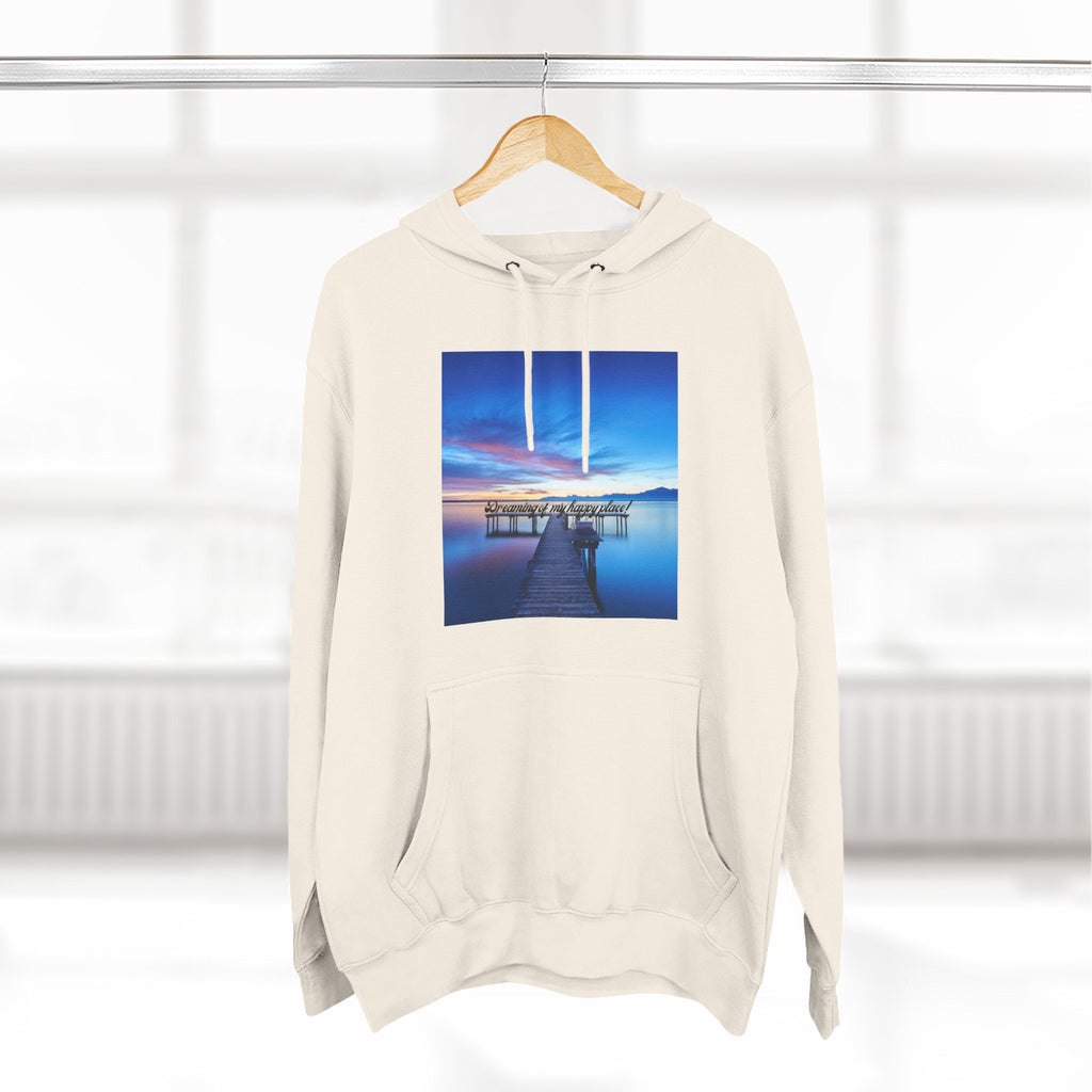 Light cream hoodie with centered dock photo graphic; drawstring hood and kangaroo pocket.