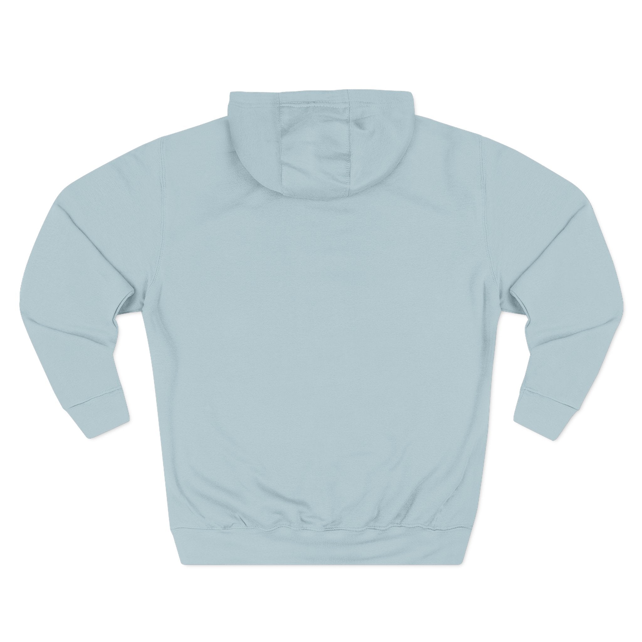 Light blue pullover hoodie with hood and kangaroo pocket, plain back