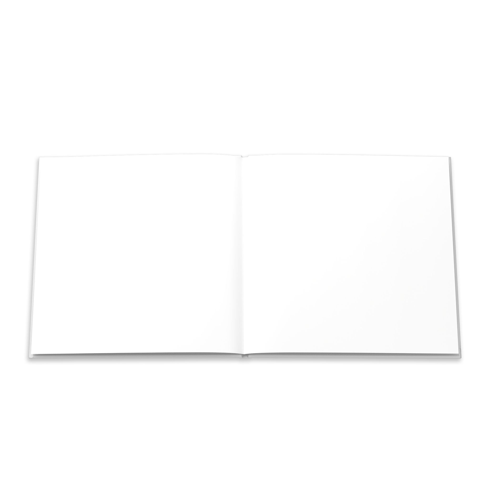 Hardcover photo book open to two blank white pages