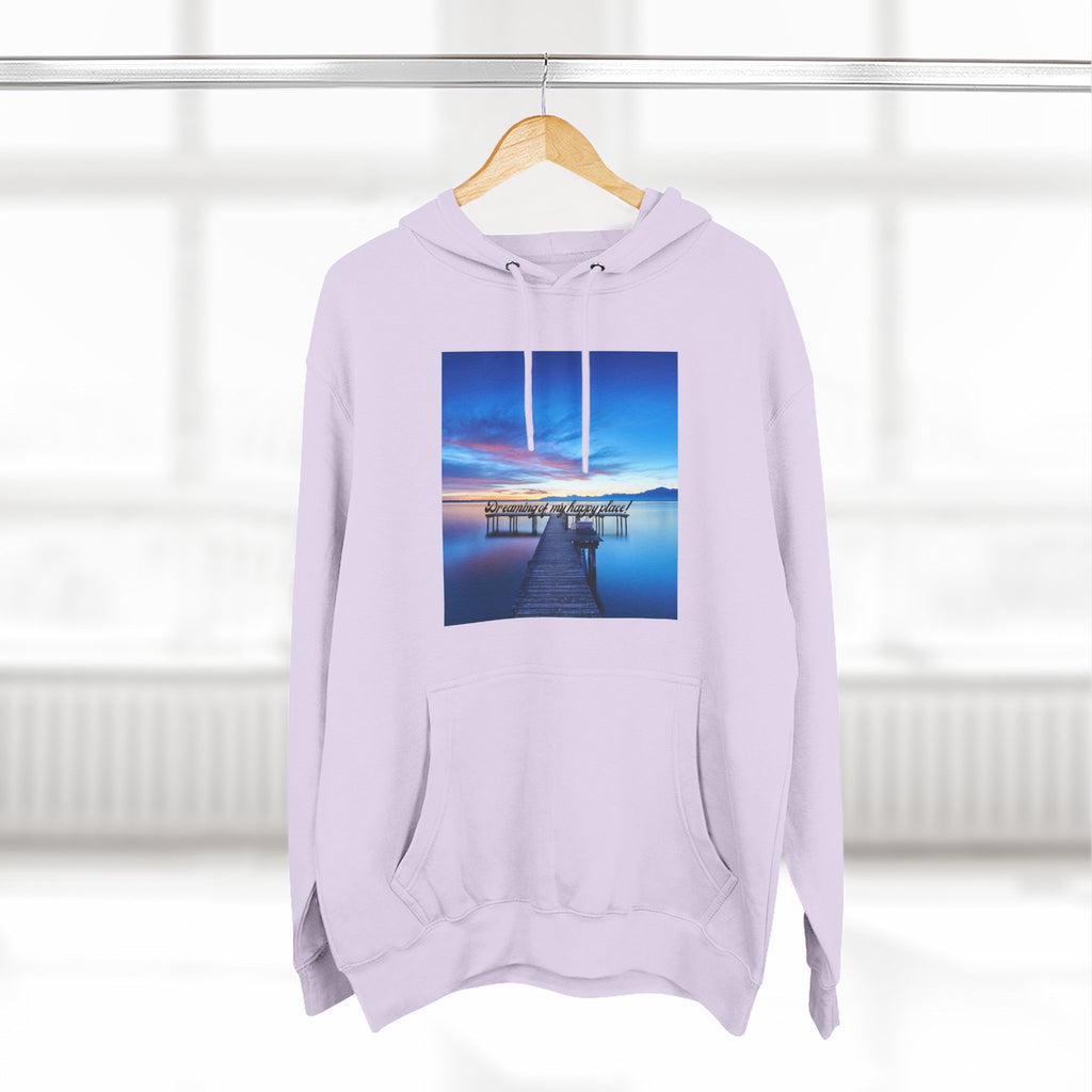 Light purple pullover hoodie with hood and front pocket, dock landscape photo graphic