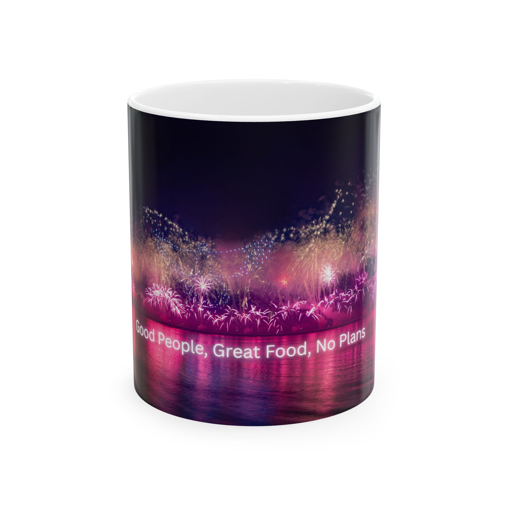 Ceramic mug with neon nightscape fireworks and quote “Good People, Great Food, No Plans”