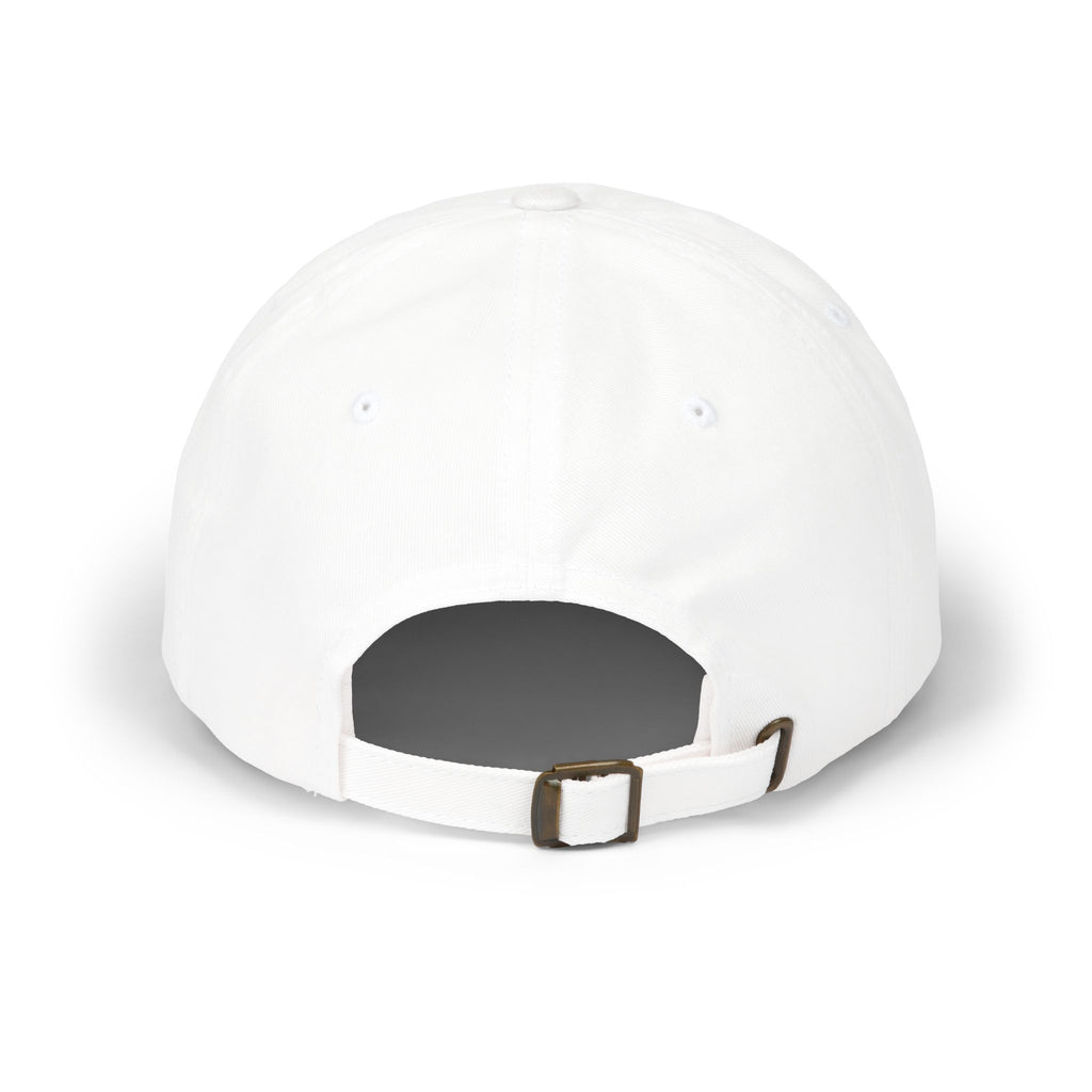 White dad cap back view with adjustable strap and buckle.