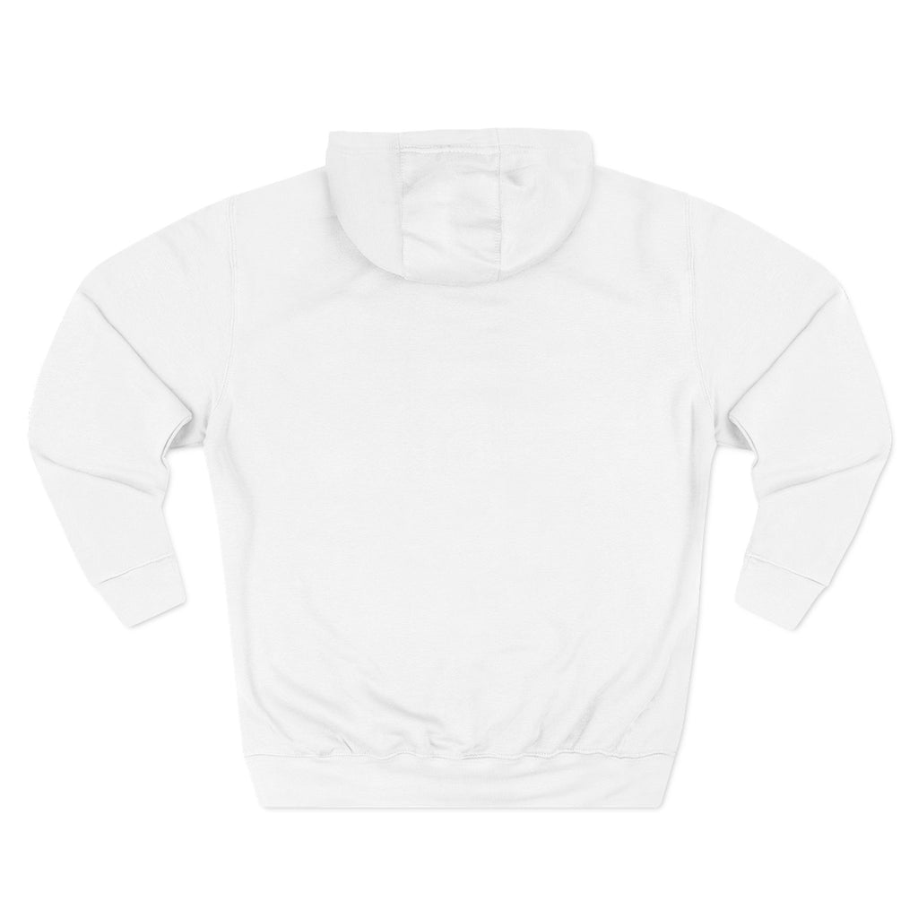 White pullover hoodie with kangaroo pocket and hood, no visible front print