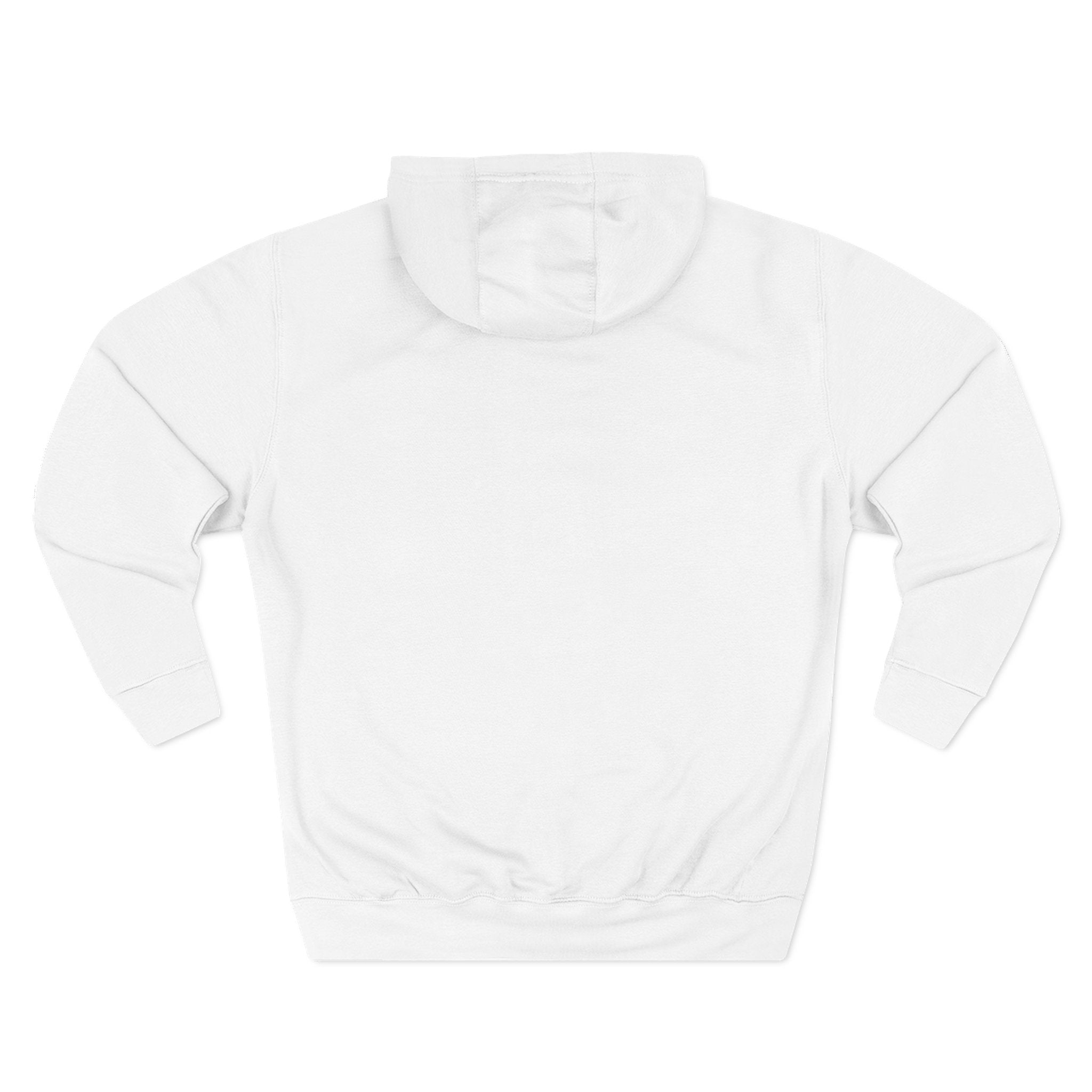 White pullover hoodie with kangaroo pocket and hood, no visible front print