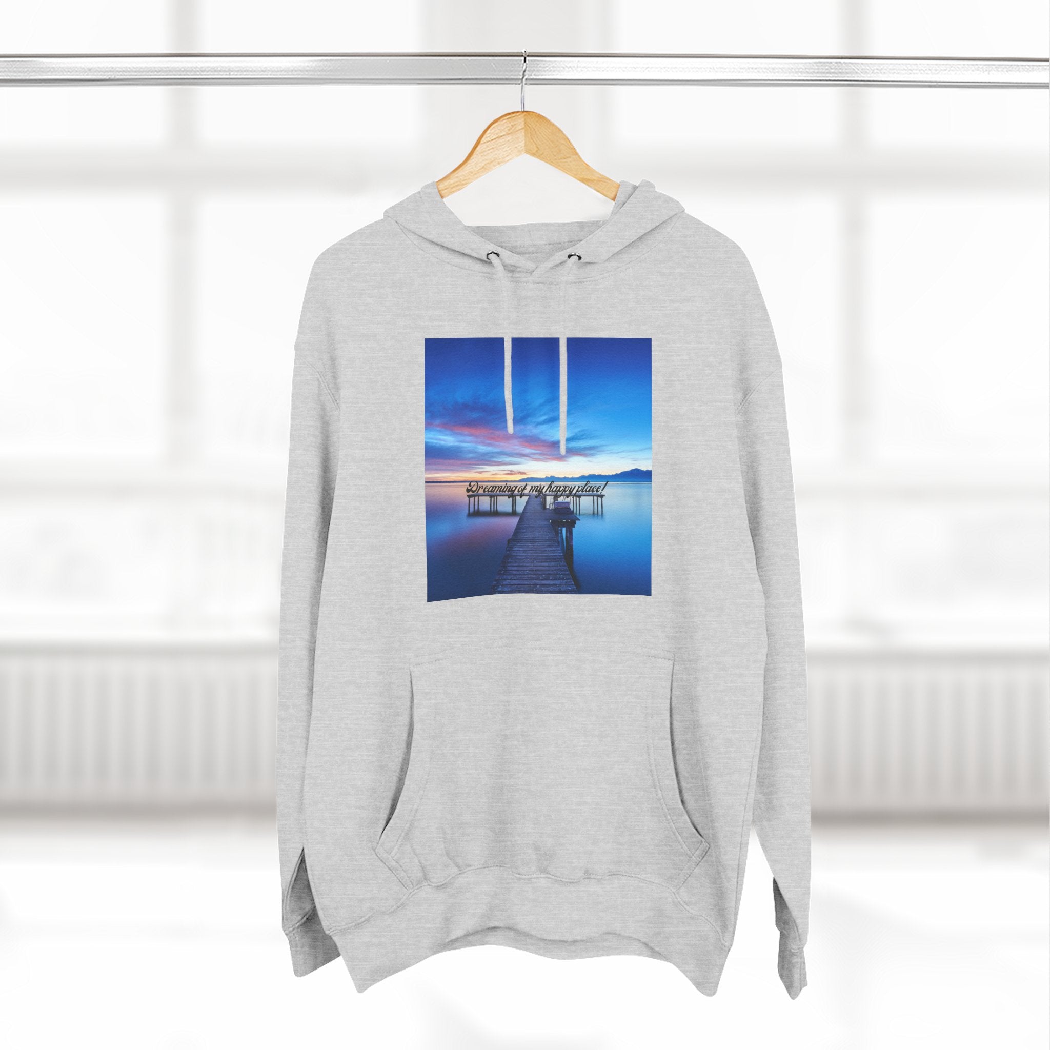 Heather grey pullover hoodie with front square scenic dock graphic on hanger