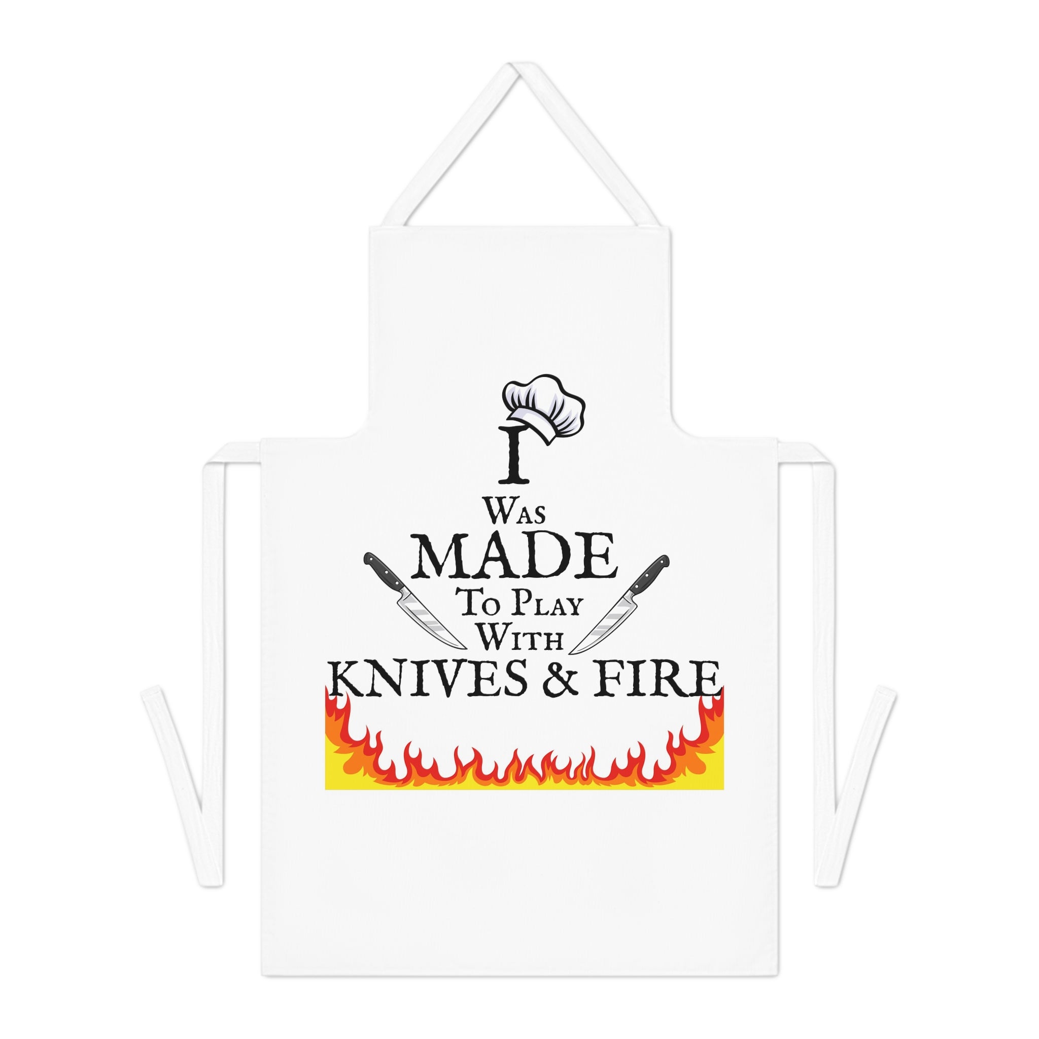 White cooking apron with centered chef hat logo and 'Knives & Fire' flame text
