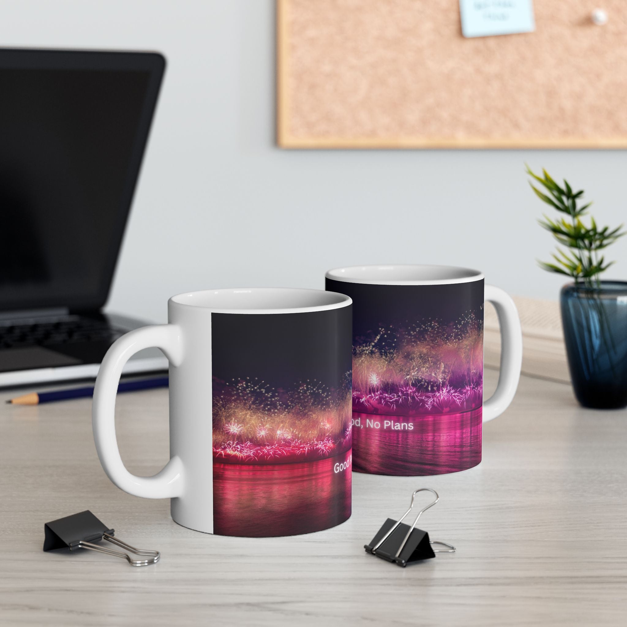 Two ceramic mugs with neon watercolor nightscape fireworks and quote on front