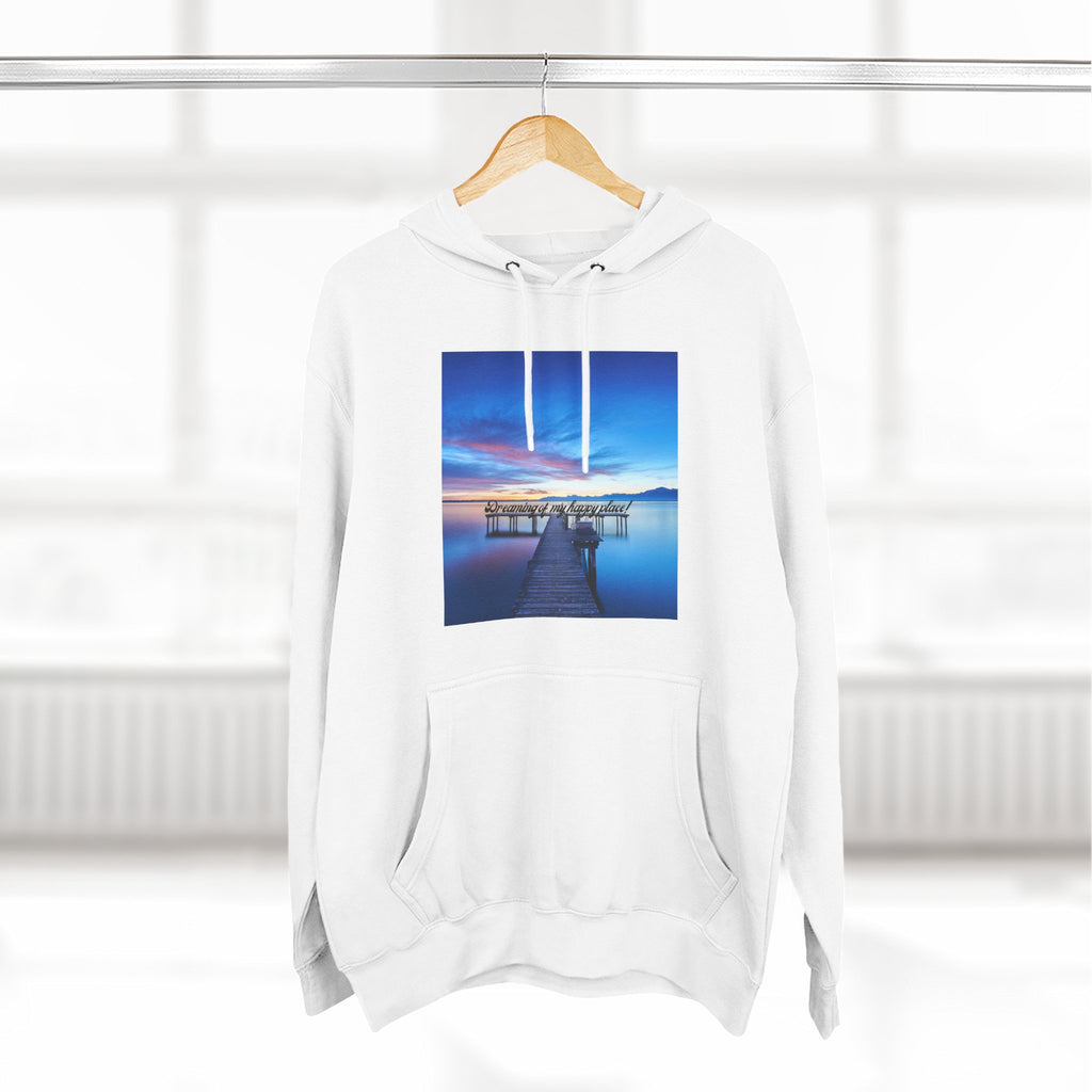 White pullover hoodie on hanger with front square scenic dock graphic