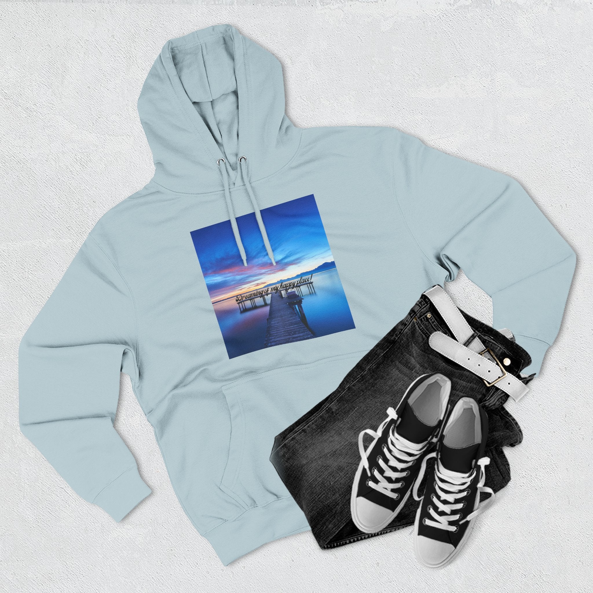 Light blue pullover hoodie with hood, drawstring, front pocket, lake dock graphic